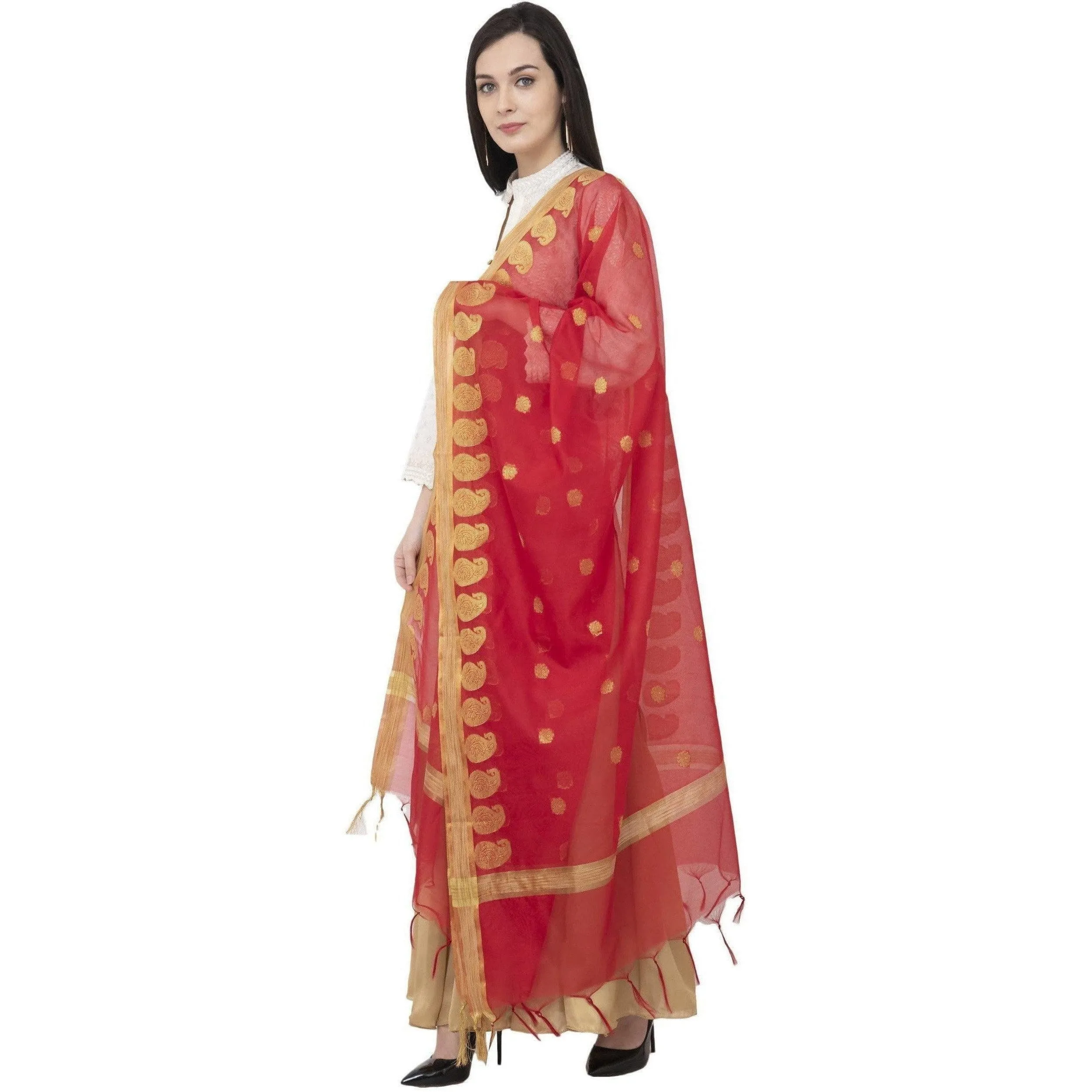 A R Silk VNS Ambi Border Fancy Dupatta Red Color Dupatta or Chunni