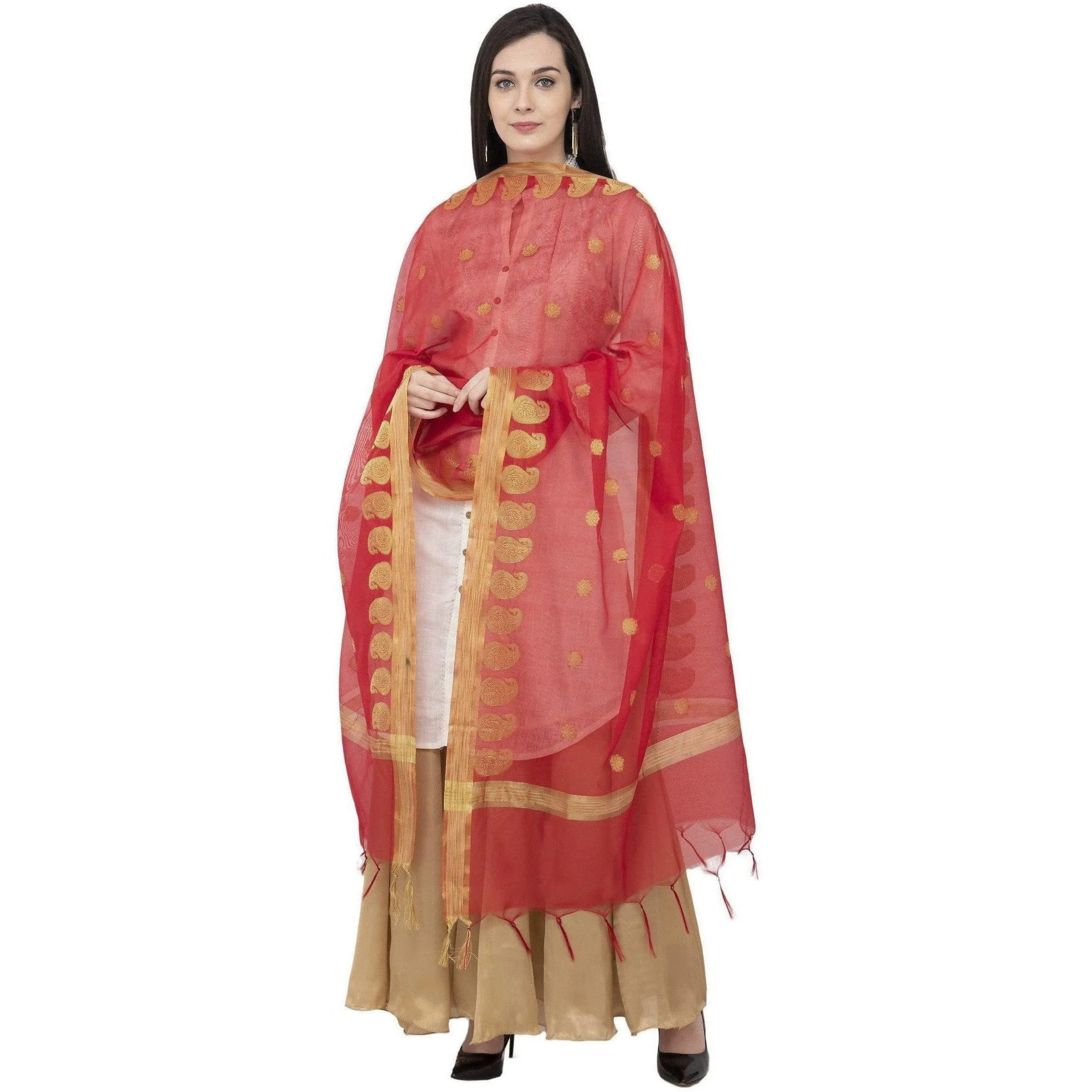 A R Silk VNS Ambi Border Fancy Dupatta Red Color Dupatta or Chunni