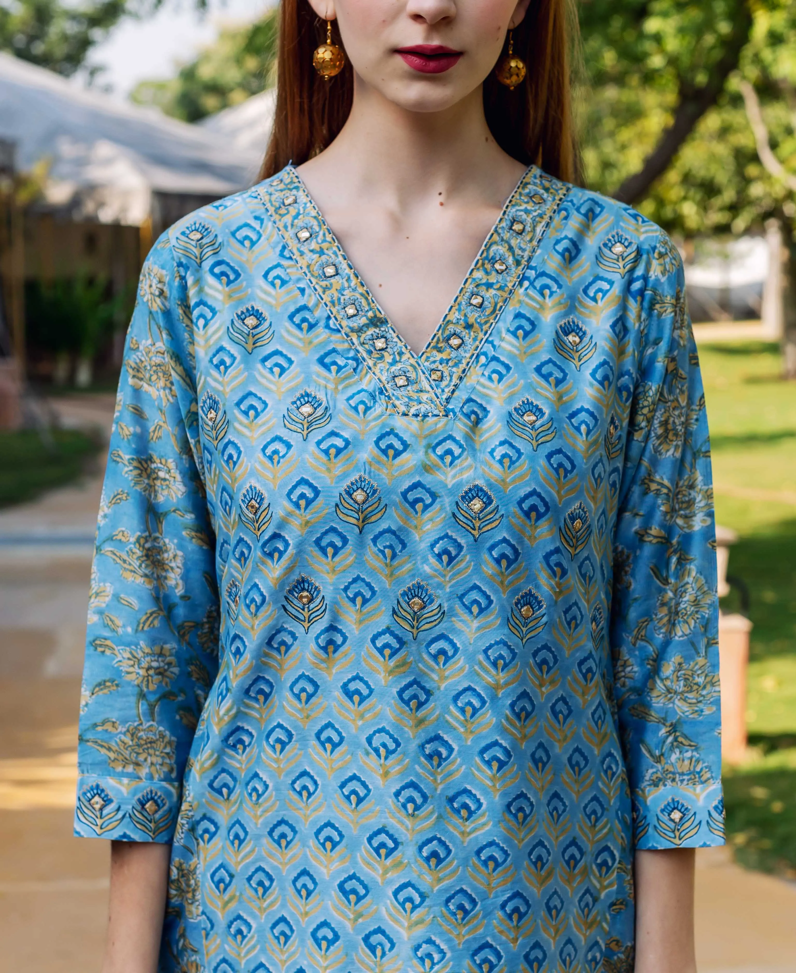 Allora Blue Chanderi Straight Kurta