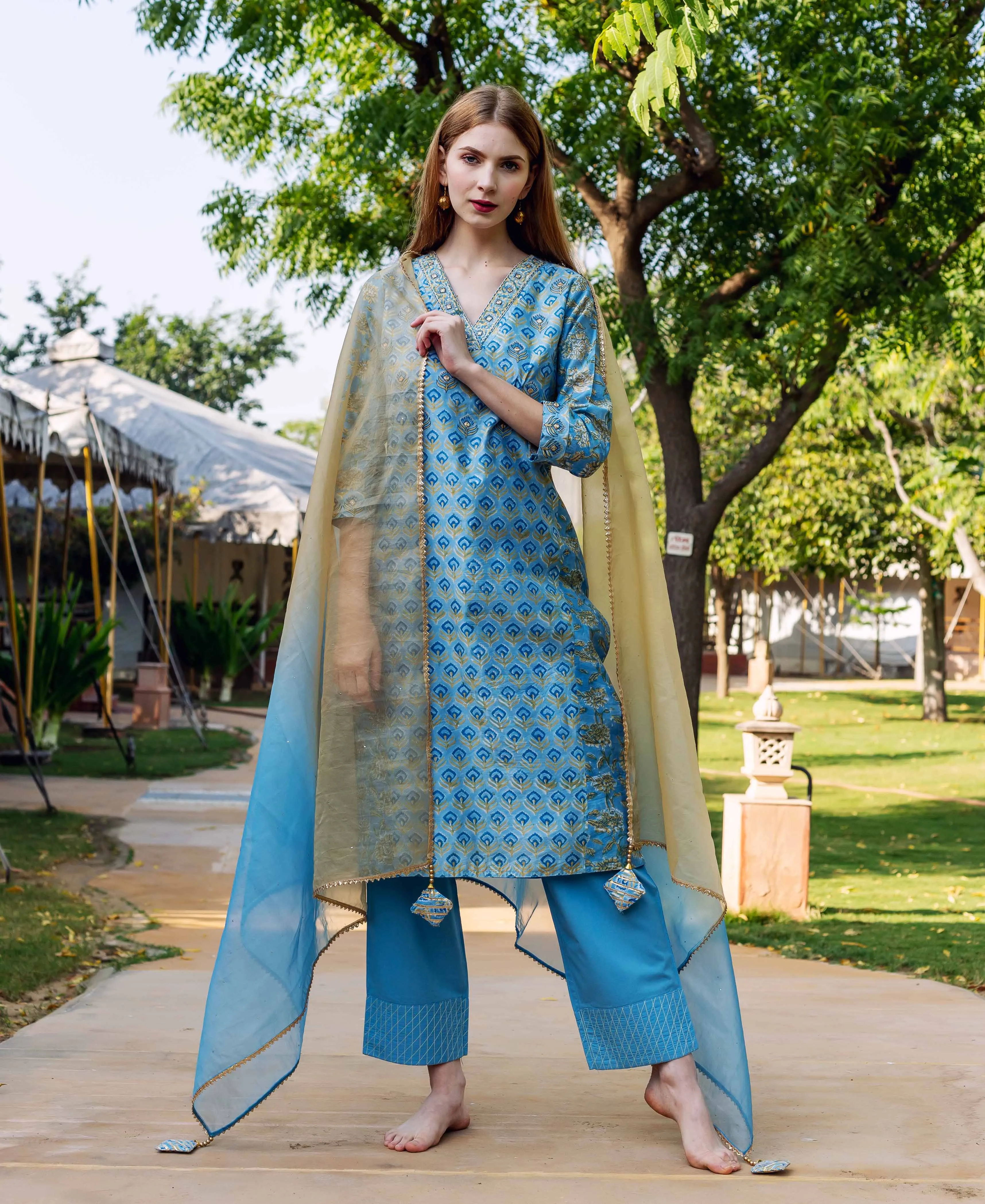 Allora Blue Chanderi Straight Kurta