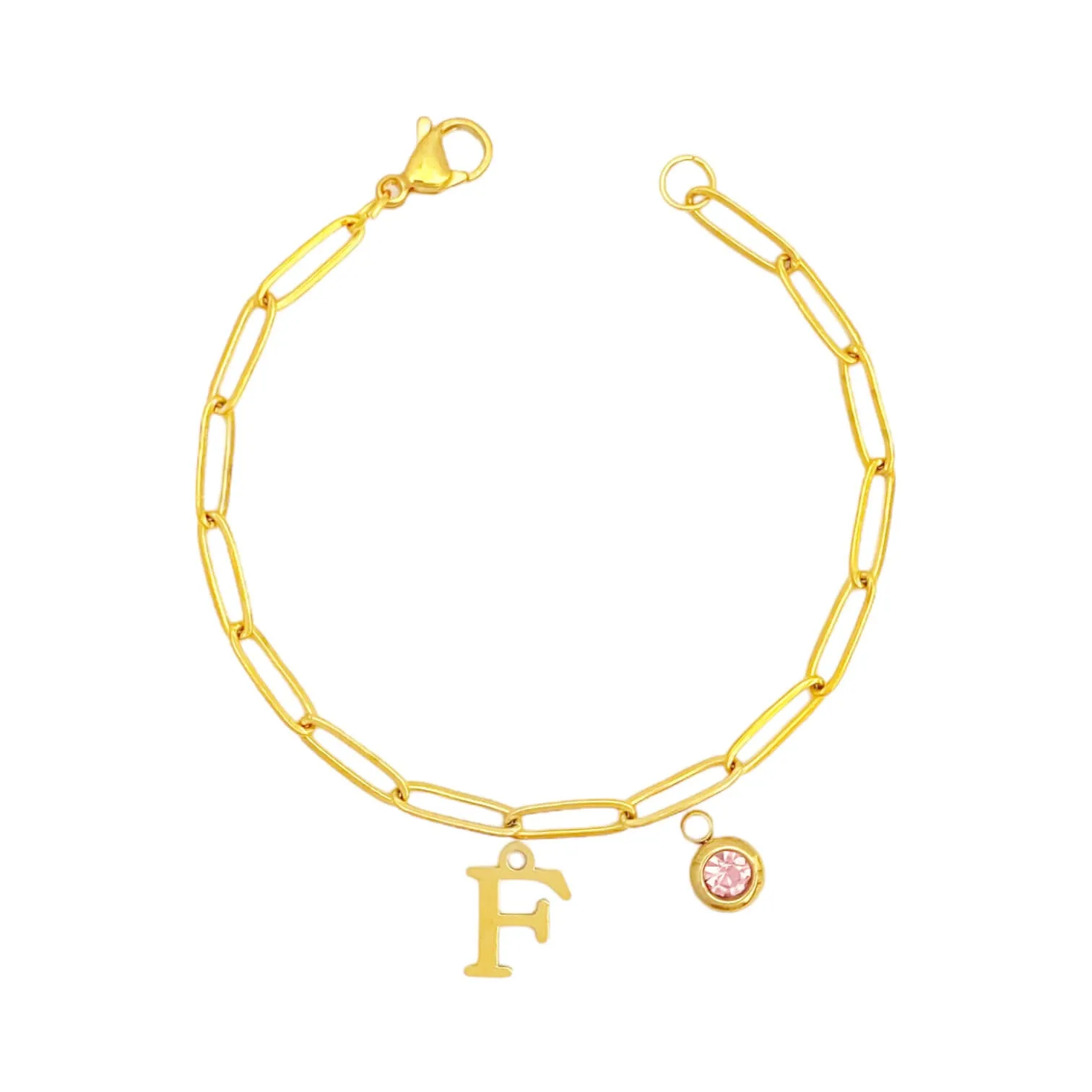 Alphabet Birthstone Paperclip Bracelet Gold (A-G)