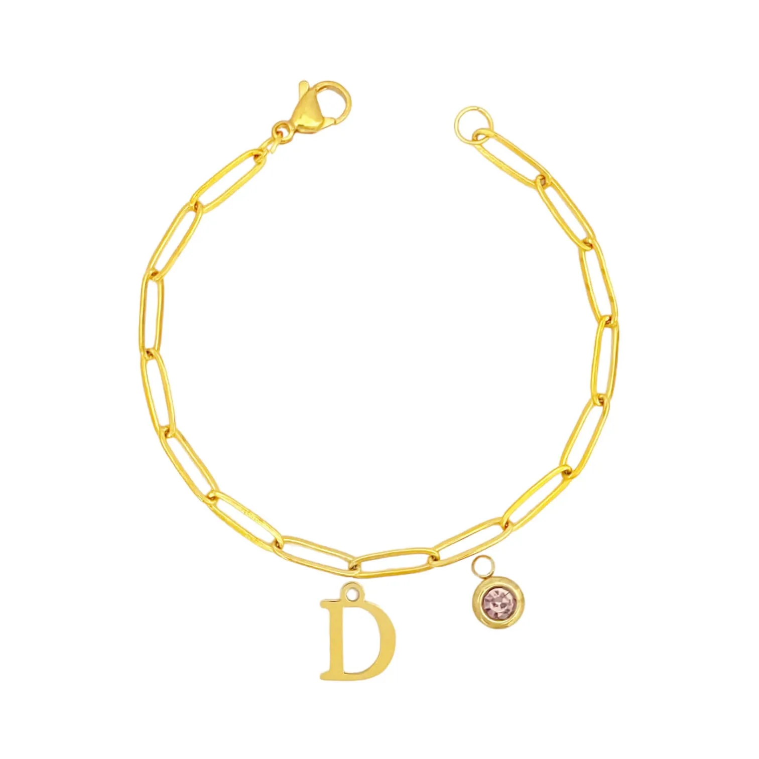 Alphabet Birthstone Paperclip Bracelet Gold (A-G)