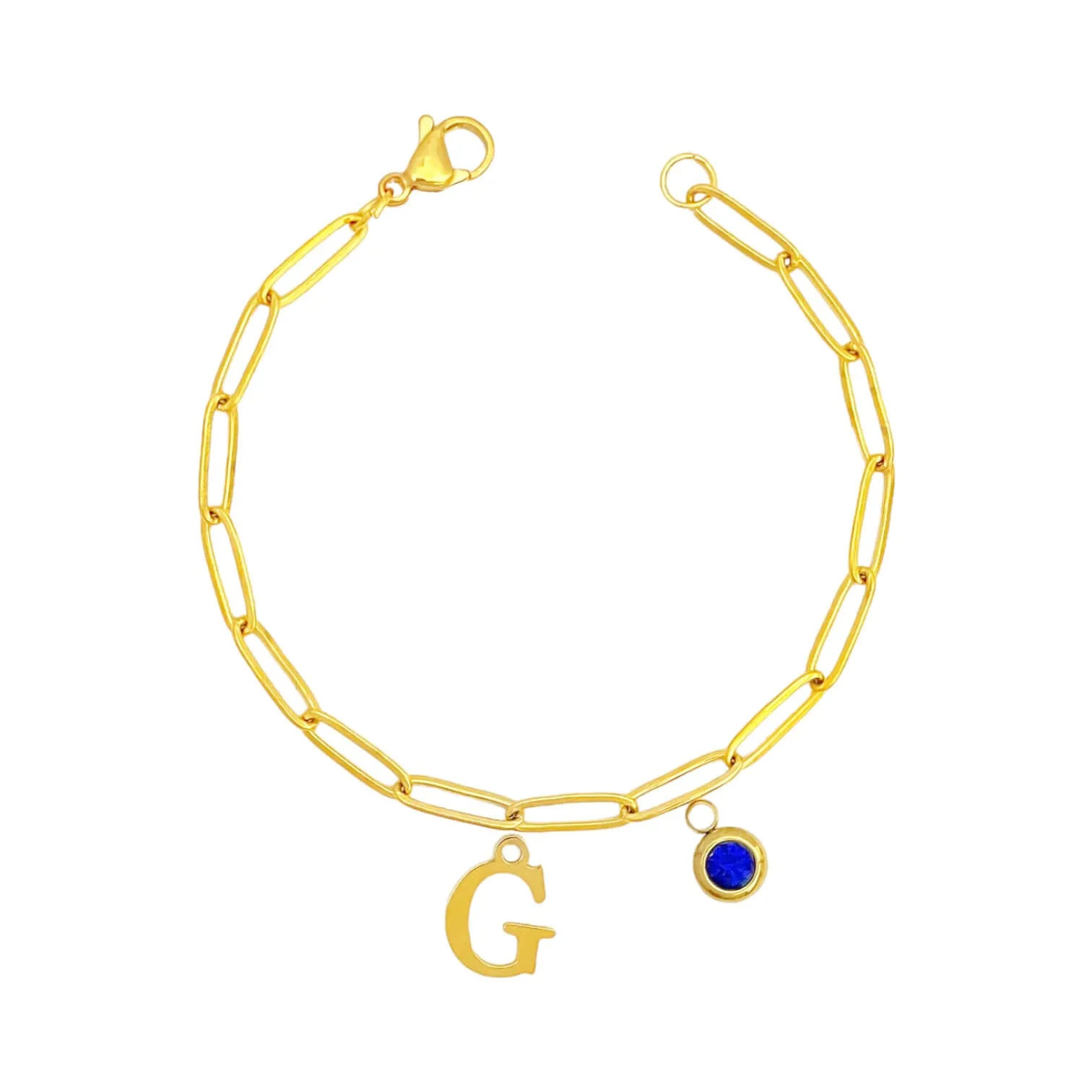 Alphabet Birthstone Paperclip Bracelet Gold (A-G)