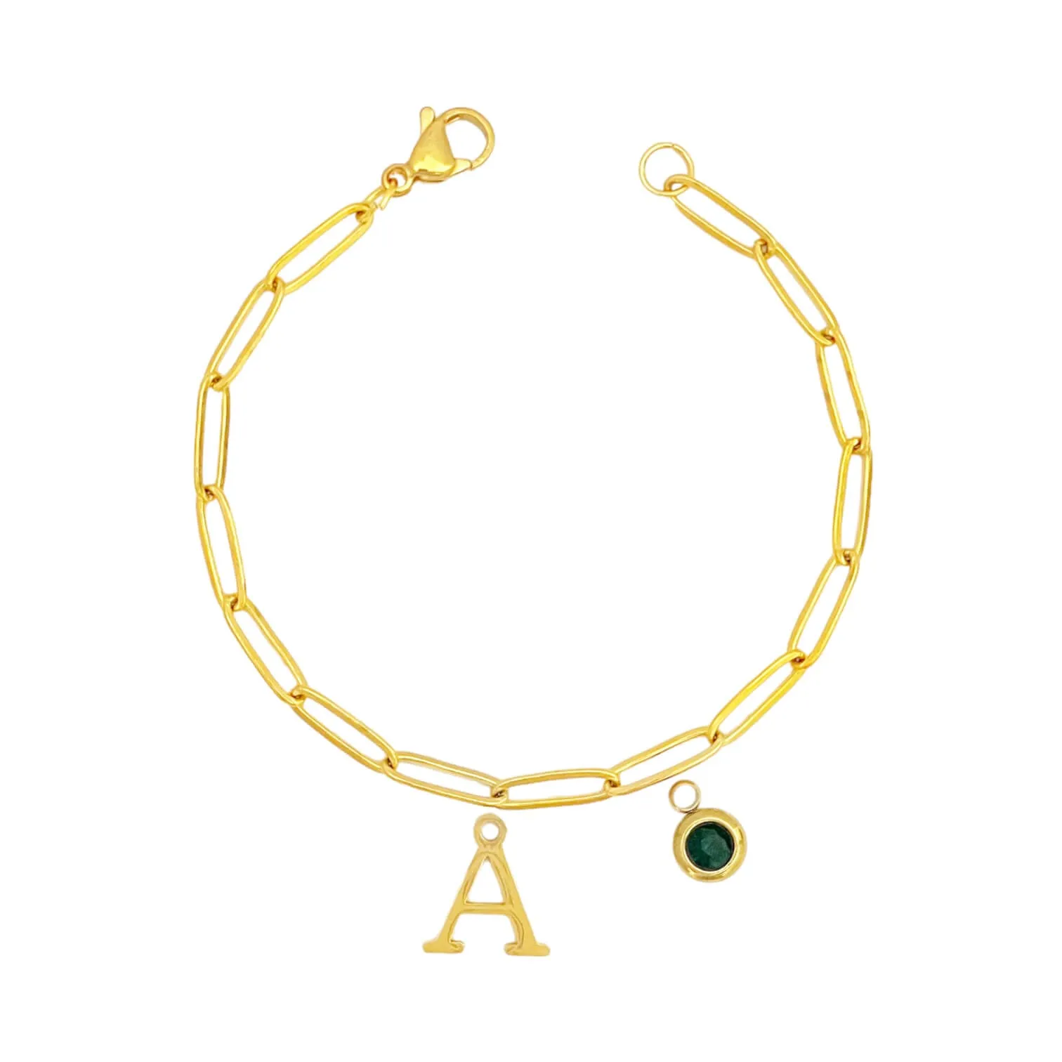 Alphabet Birthstone Paperclip Bracelet Gold (A-G)