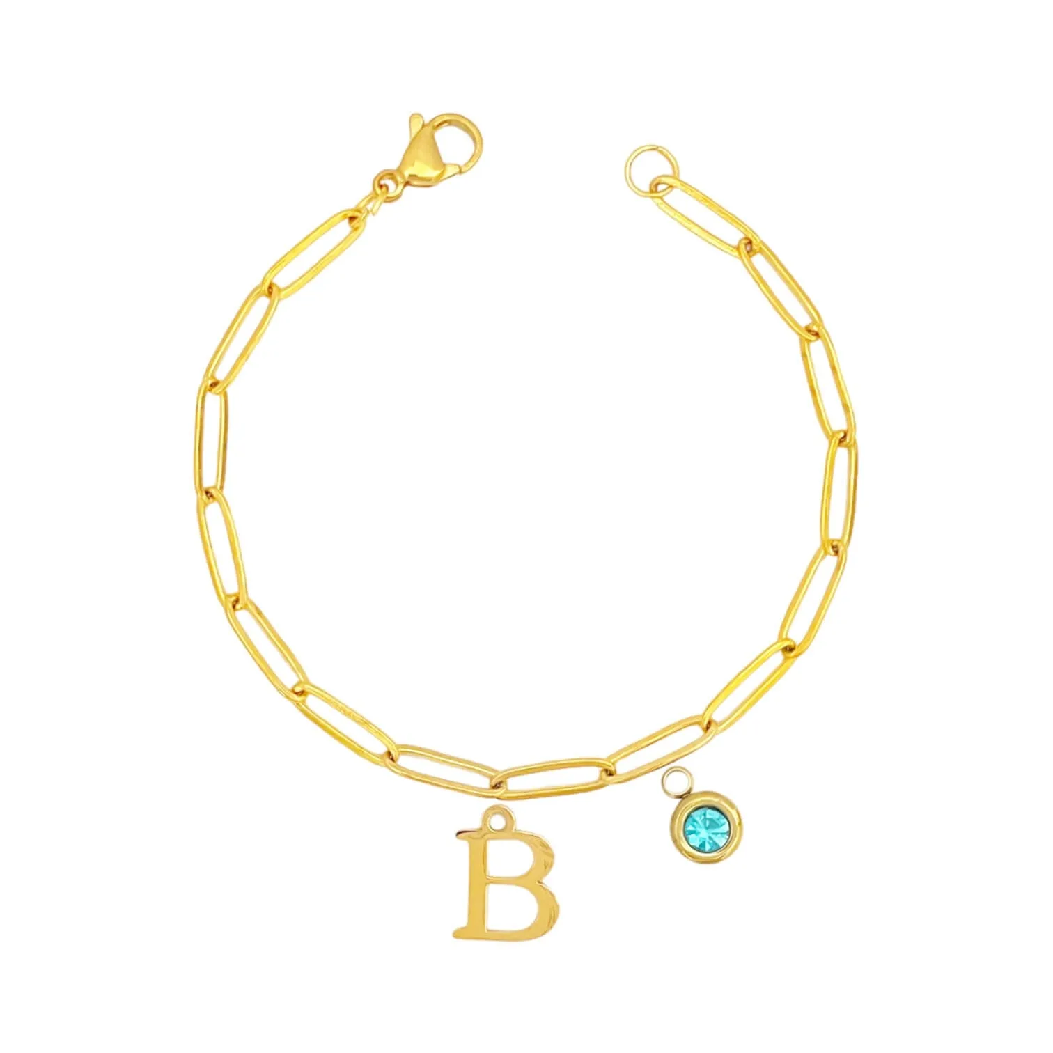 Alphabet Birthstone Paperclip Bracelet Gold (A-G)