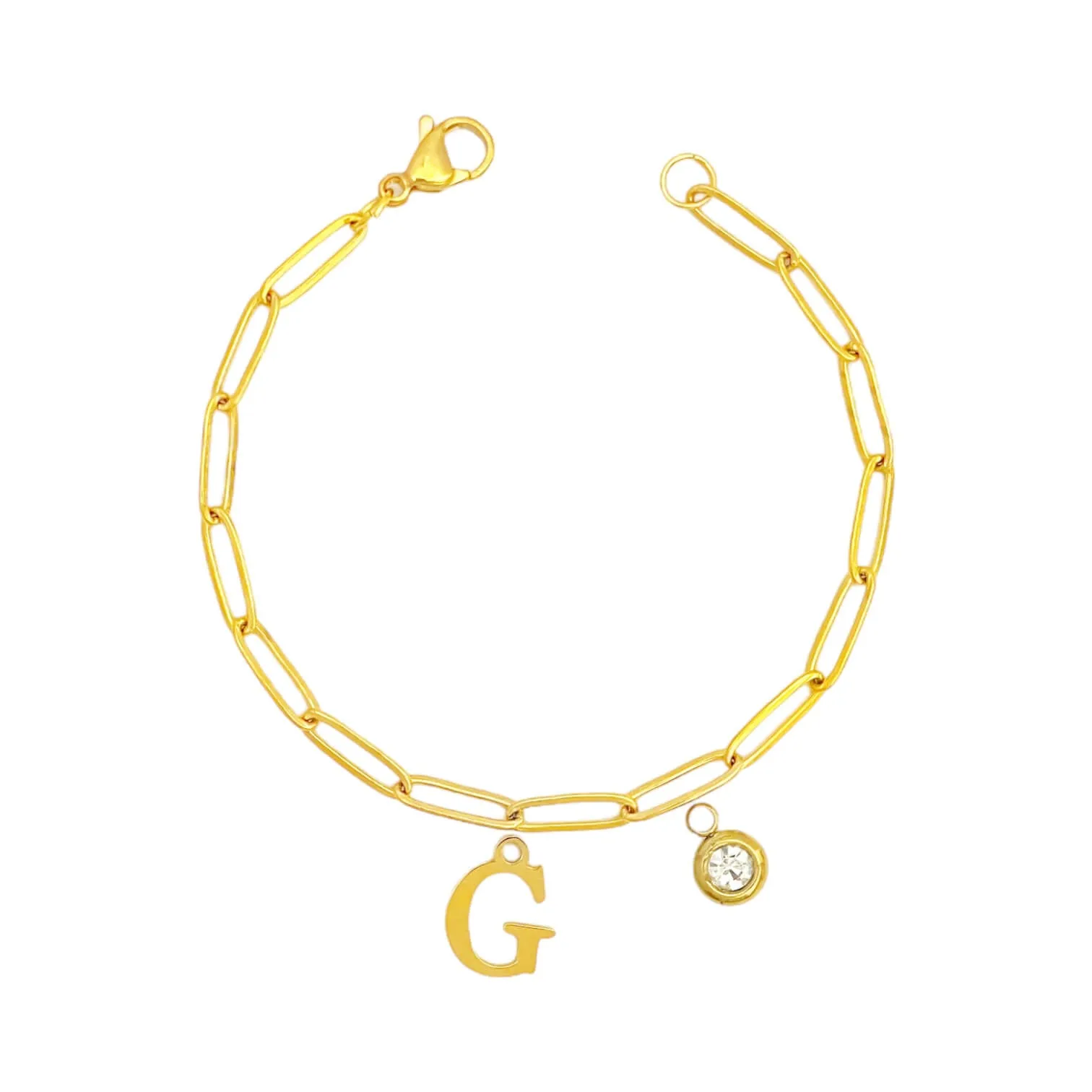 Alphabet Birthstone Paperclip Bracelet Gold (A-G)