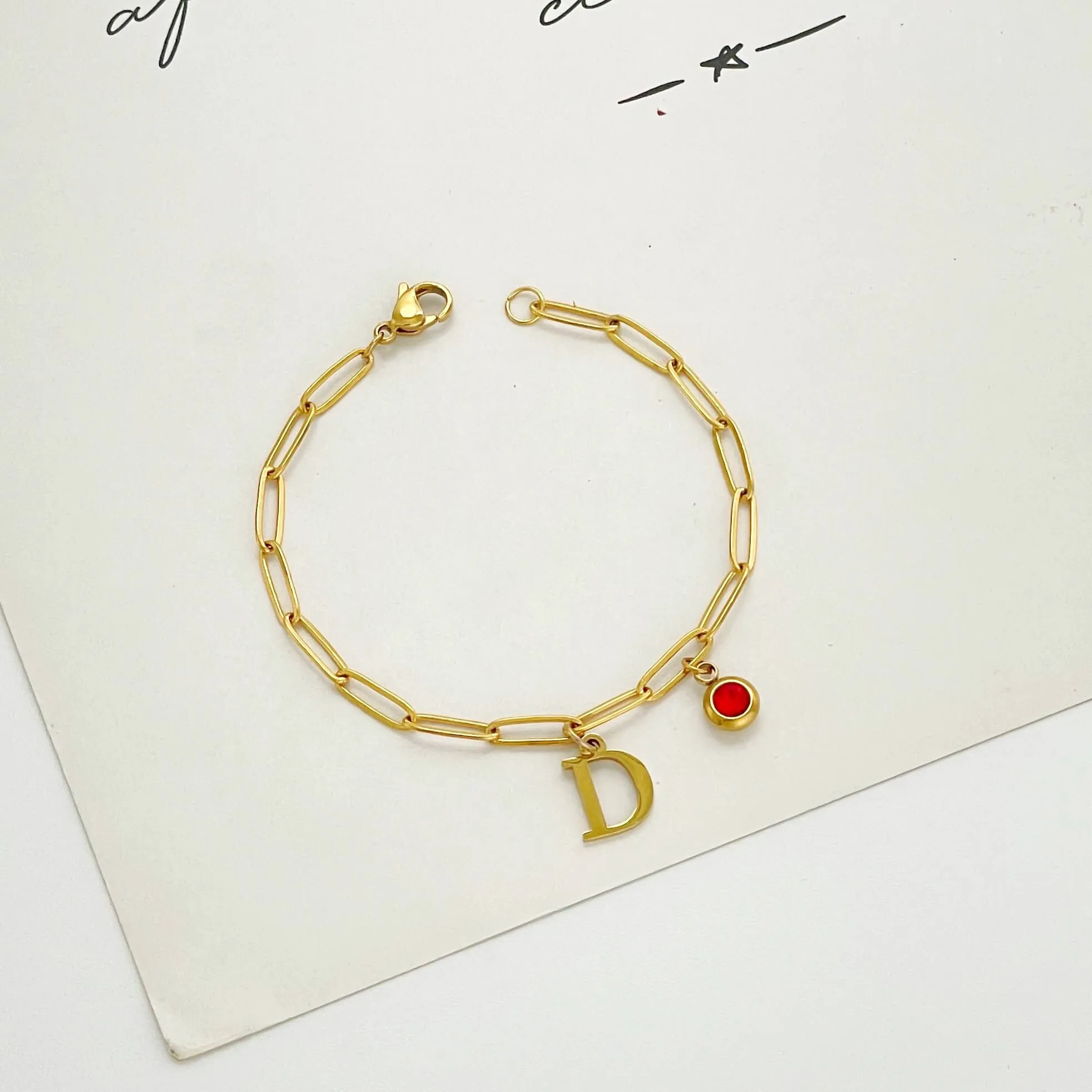 Alphabet Birthstone Paperclip Bracelet Gold (A-G)