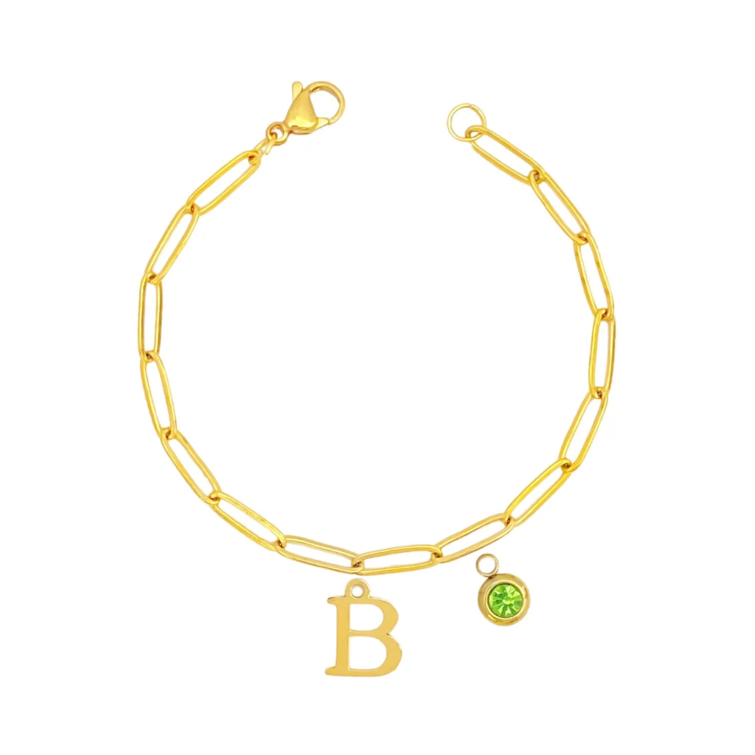 Alphabet Birthstone Paperclip Bracelet Gold (A-G)