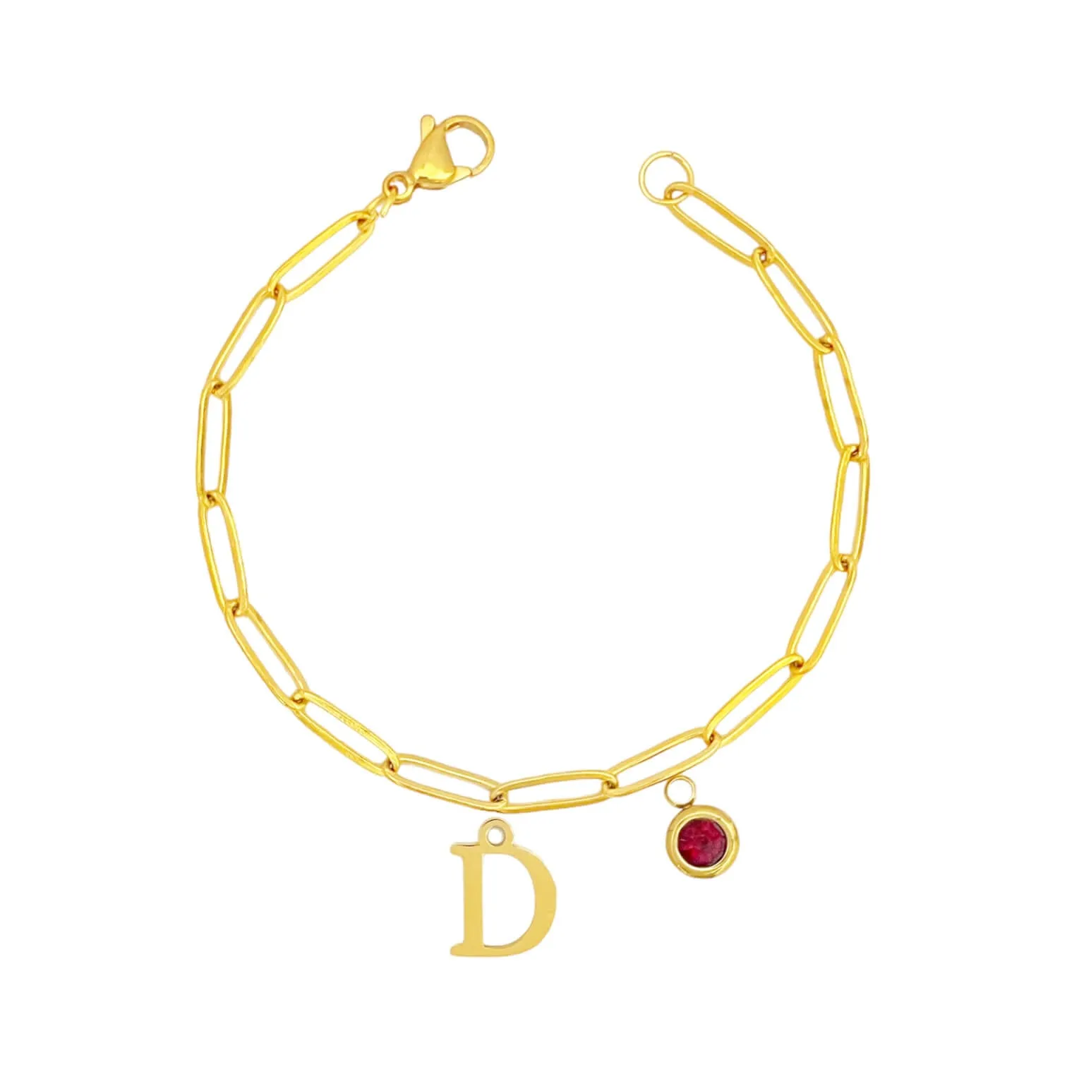 Alphabet Birthstone Paperclip Bracelet Gold (A-G)