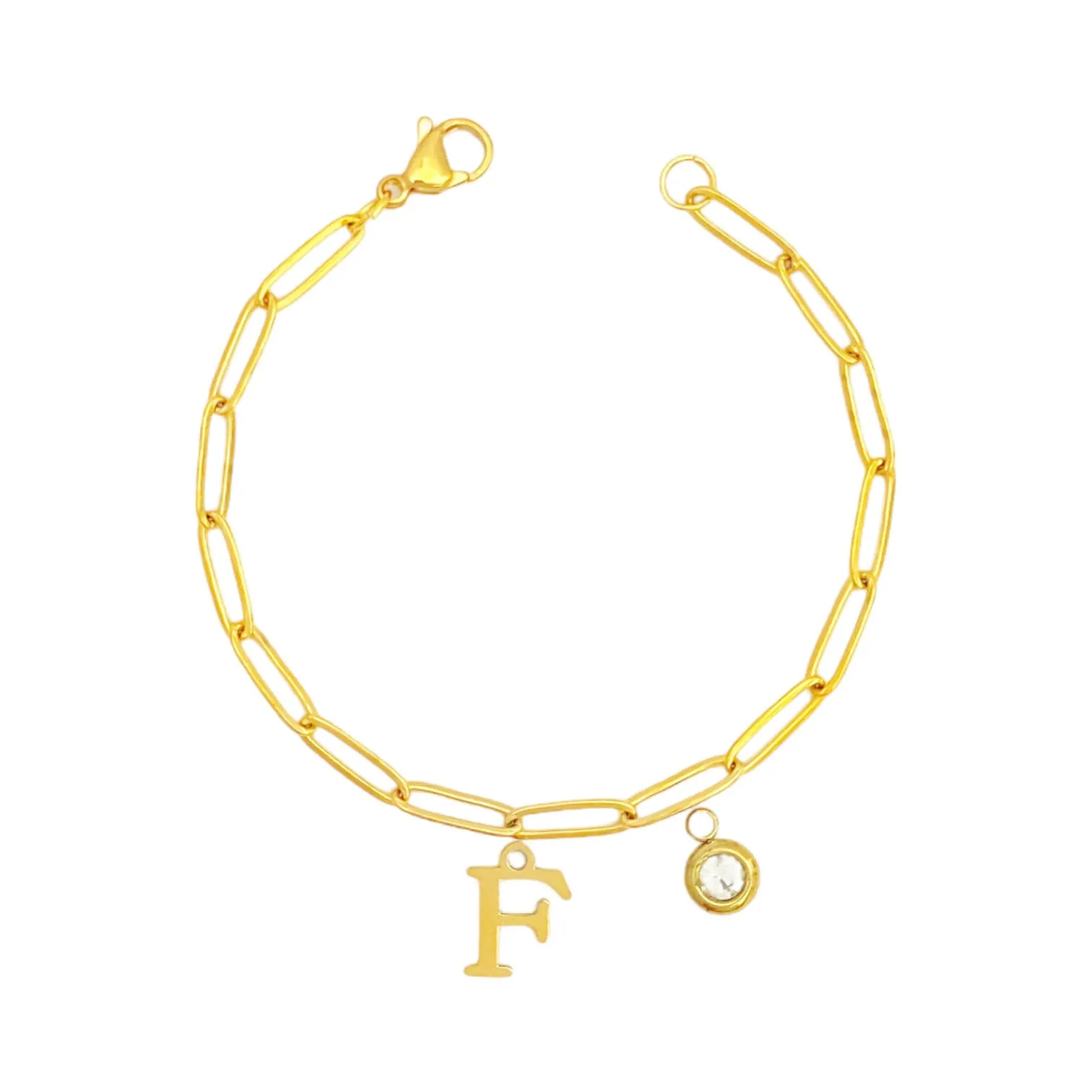 Alphabet Birthstone Paperclip Bracelet Gold (A-G)