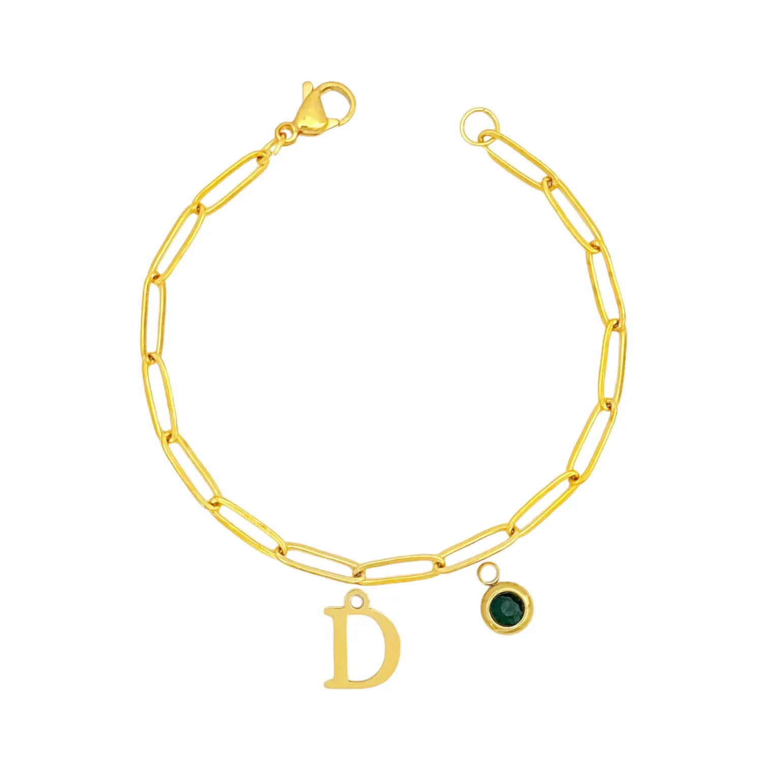 Alphabet Birthstone Paperclip Bracelet Gold (A-G)