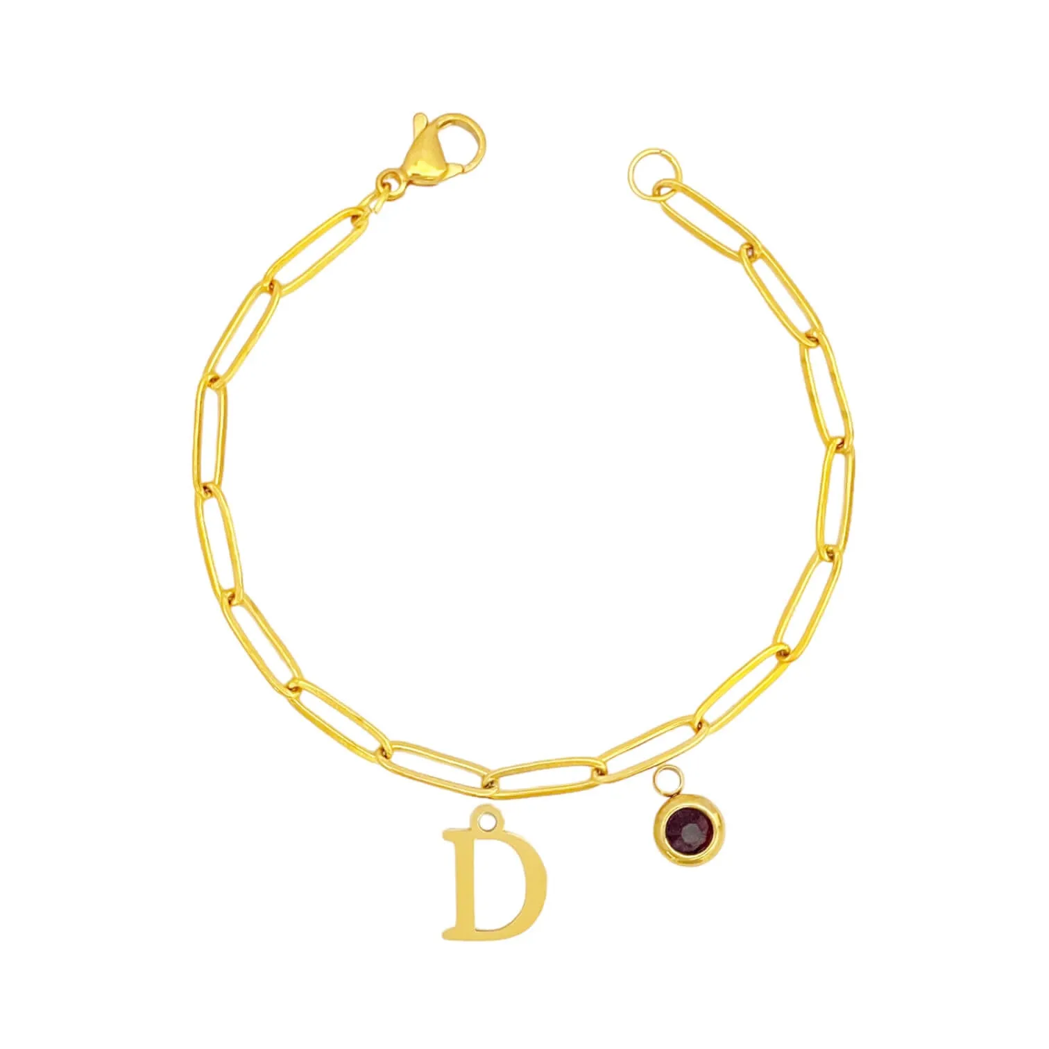 Alphabet Birthstone Paperclip Bracelet Gold (A-G)