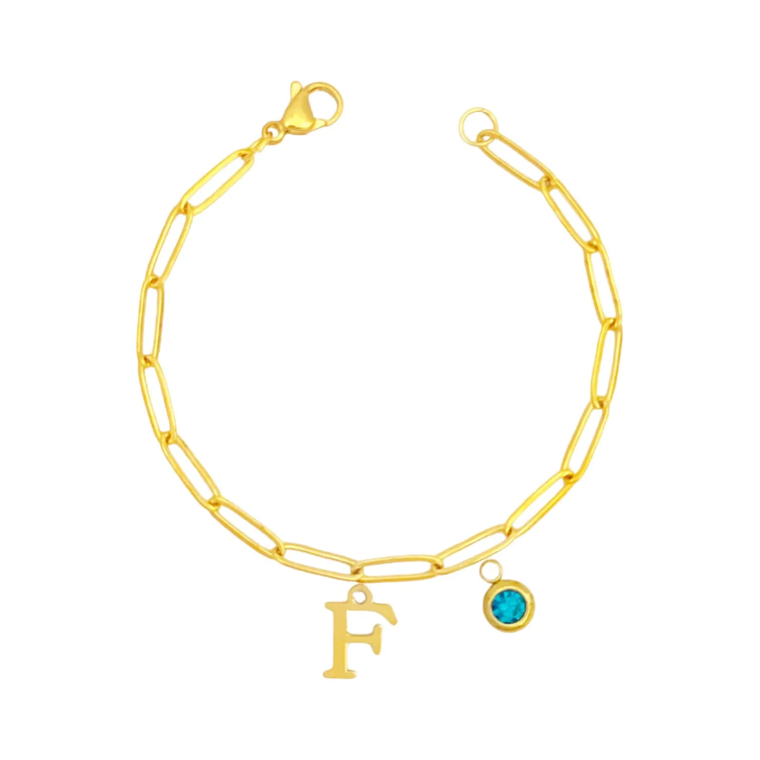 Alphabet Birthstone Paperclip Bracelet Gold (A-G)