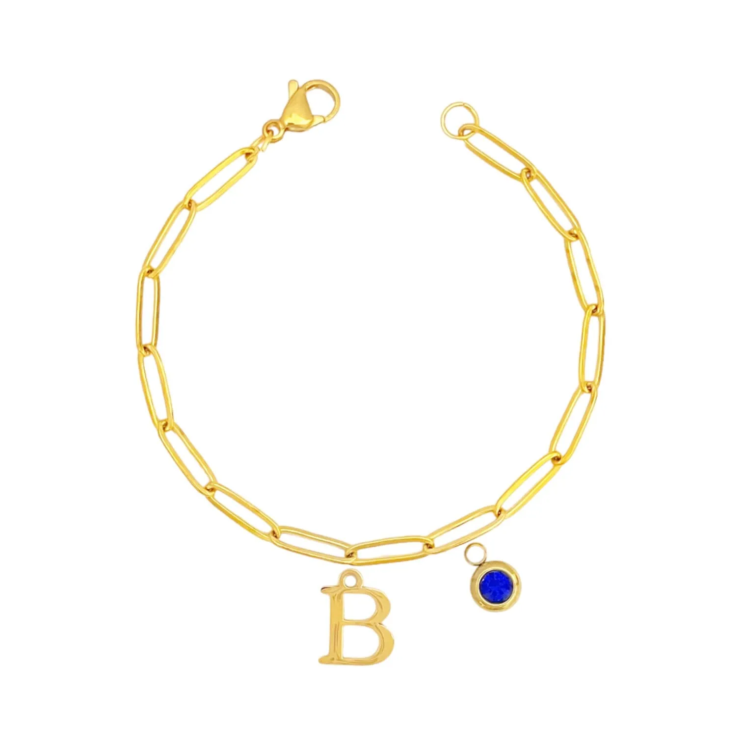 Alphabet Birthstone Paperclip Bracelet Gold (A-G)