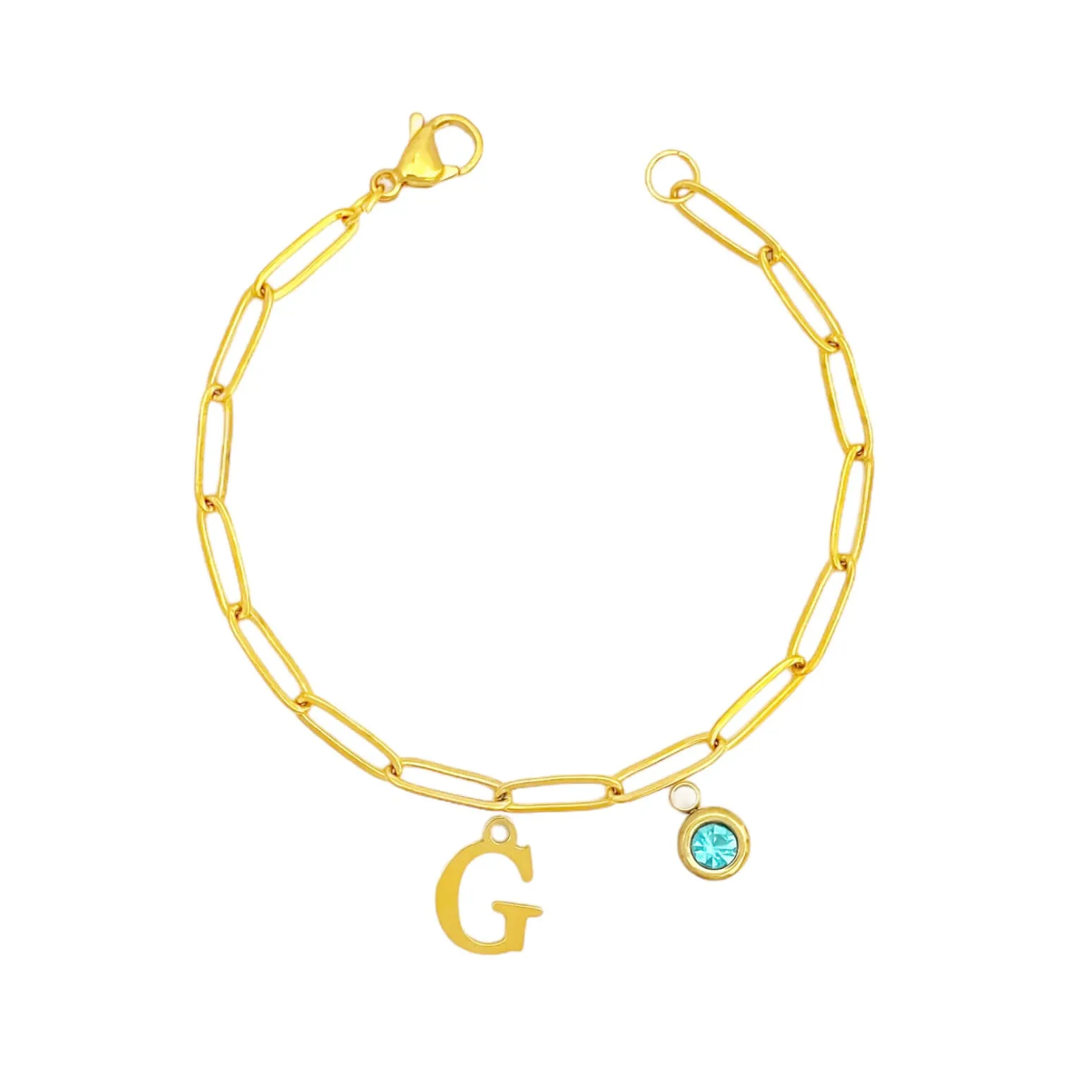 Alphabet Birthstone Paperclip Bracelet Gold (A-G)