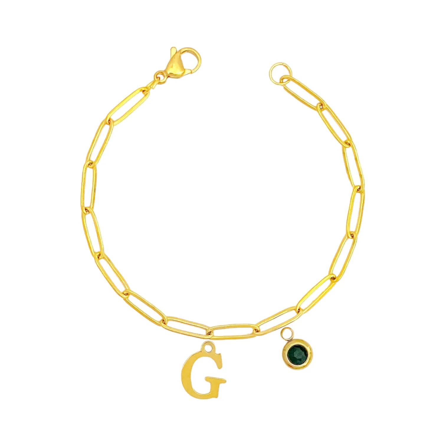 Alphabet Birthstone Paperclip Bracelet Gold (A-G)