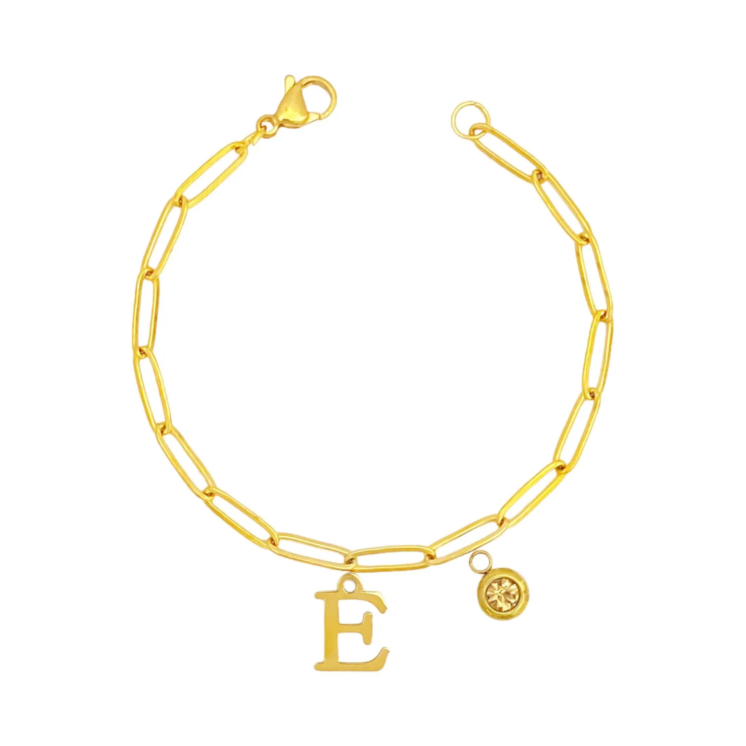 Alphabet Birthstone Paperclip Bracelet Gold (A-G)