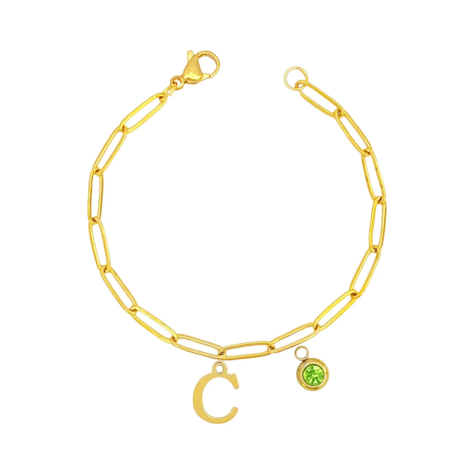 Alphabet Birthstone Paperclip Bracelet Gold (A-G)