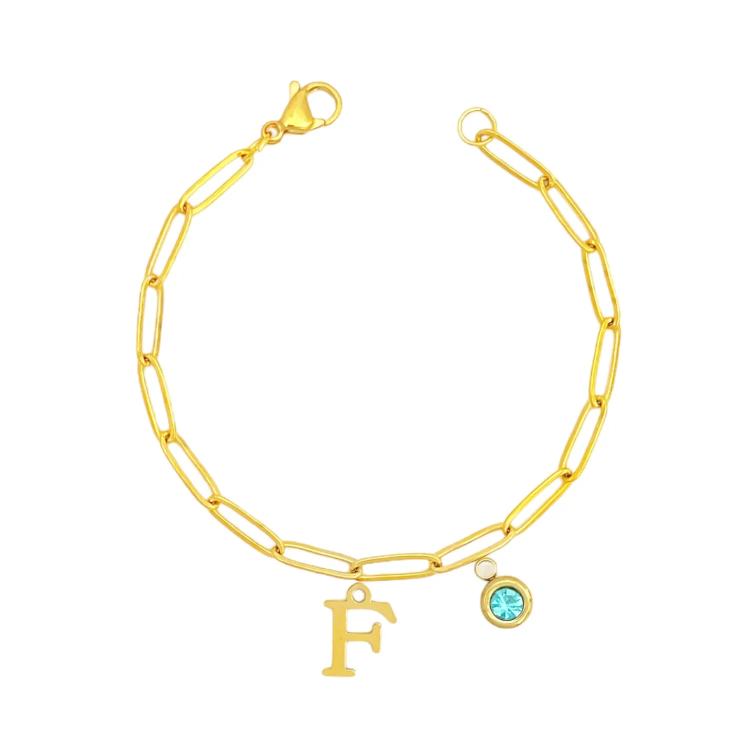 Alphabet Birthstone Paperclip Bracelet Gold (A-G)