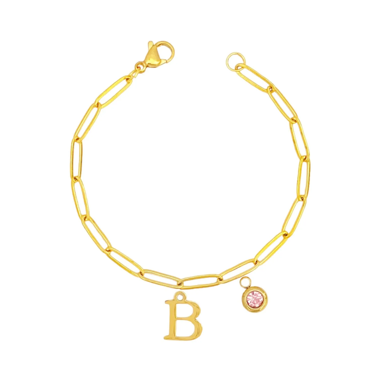 Alphabet Birthstone Paperclip Bracelet Gold (A-G)