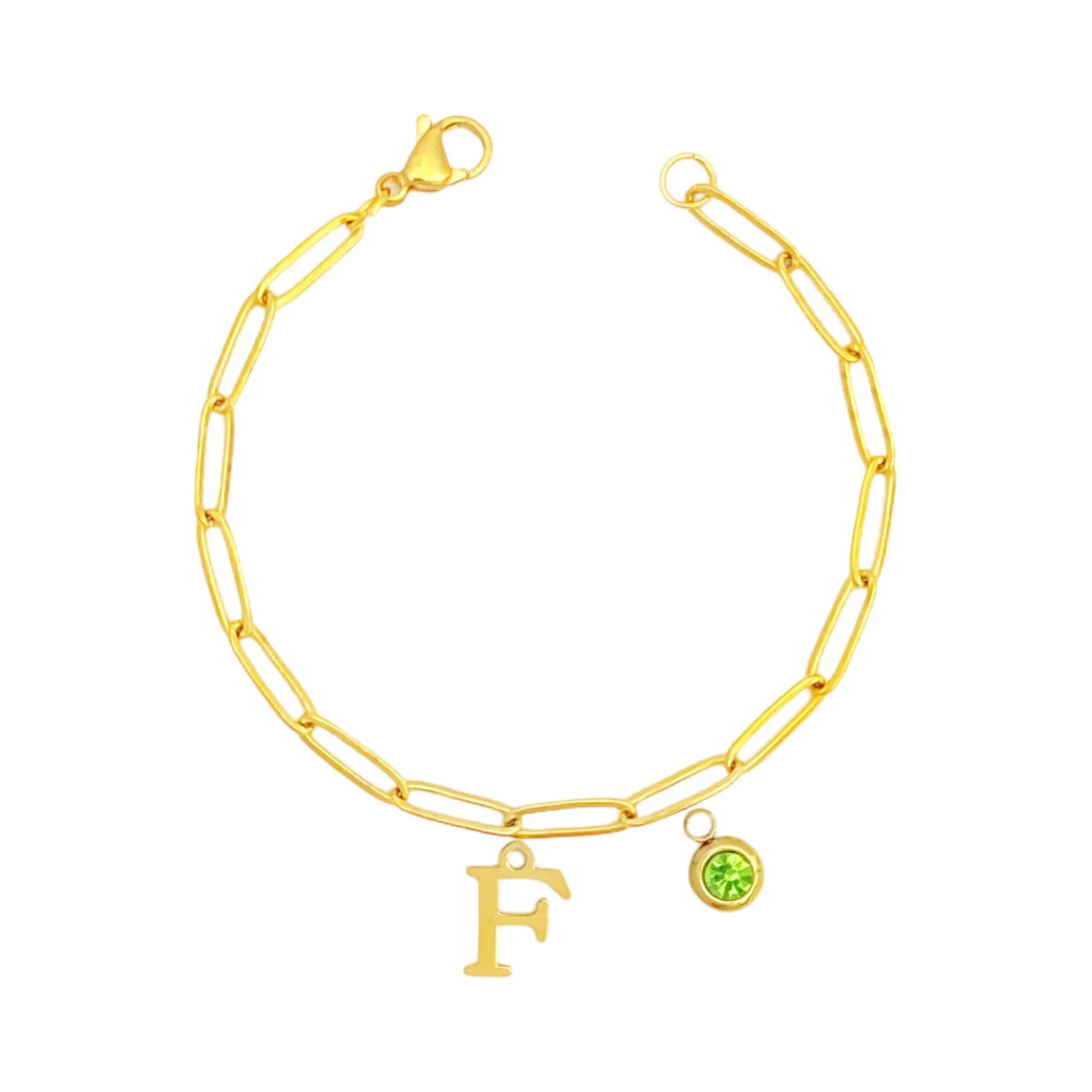 Alphabet Birthstone Paperclip Bracelet Gold (A-G)