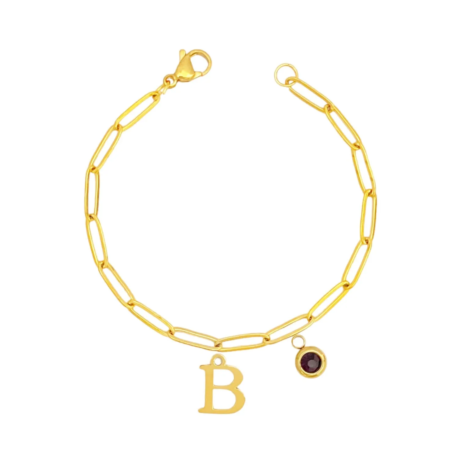 Alphabet Birthstone Paperclip Bracelet Gold (A-G)