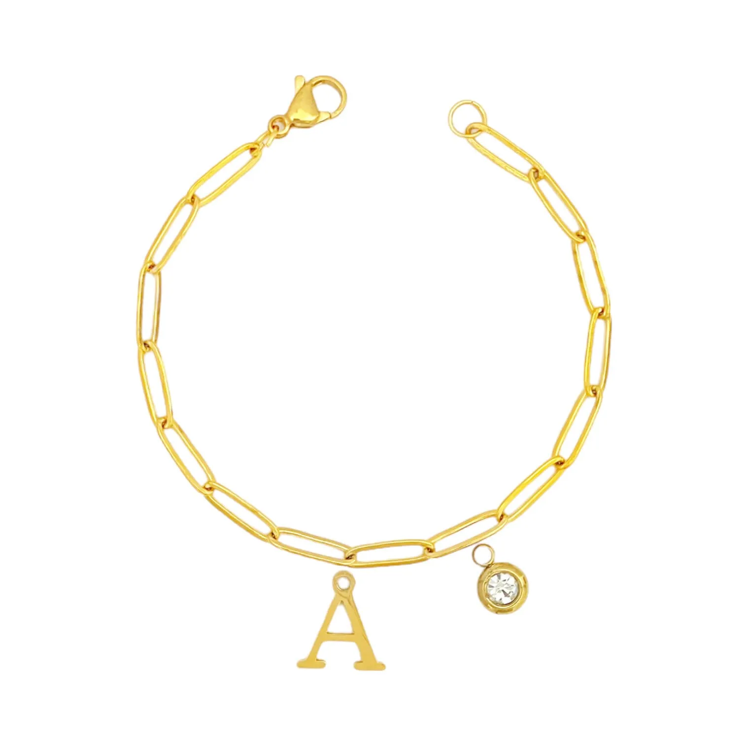 Alphabet Birthstone Paperclip Bracelet Gold (A-G)