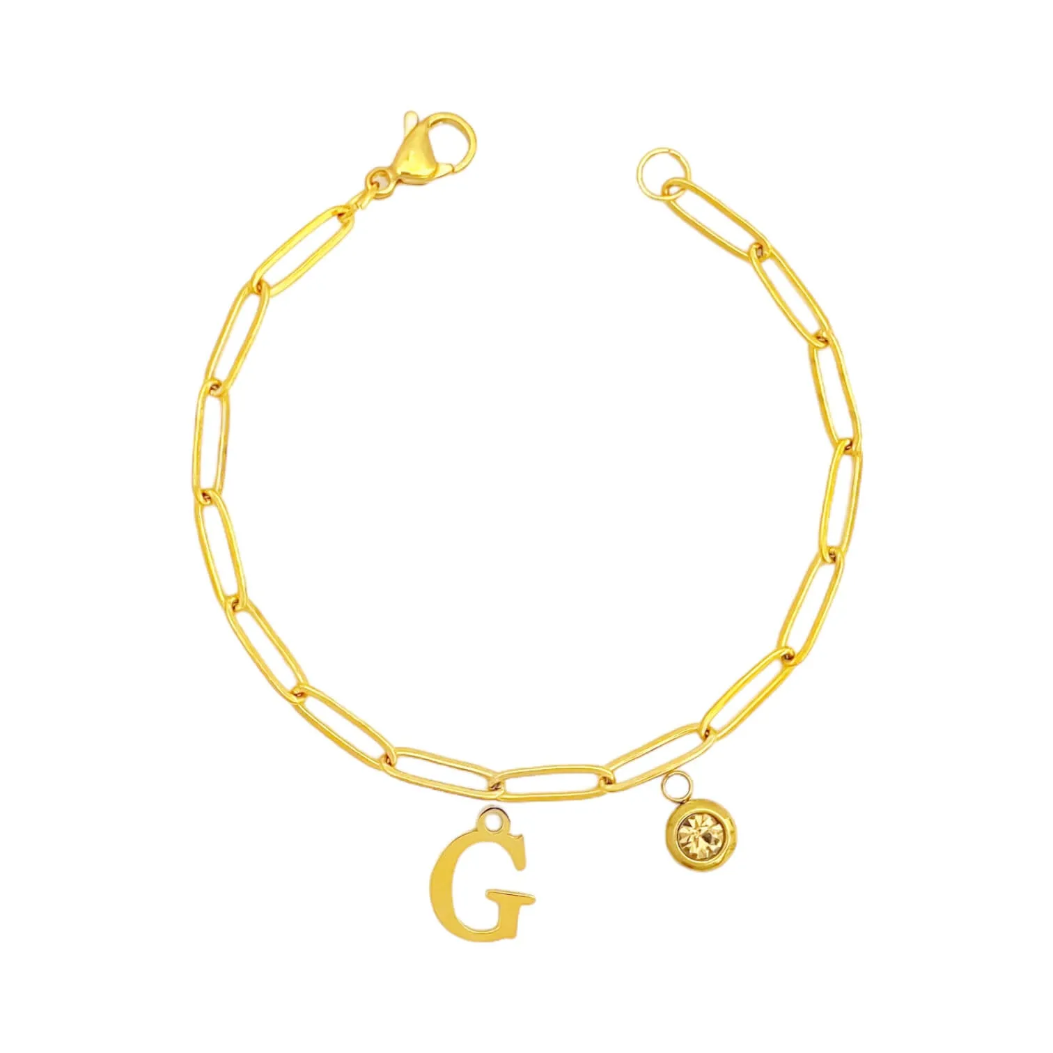 Alphabet Birthstone Paperclip Bracelet Gold (A-G)