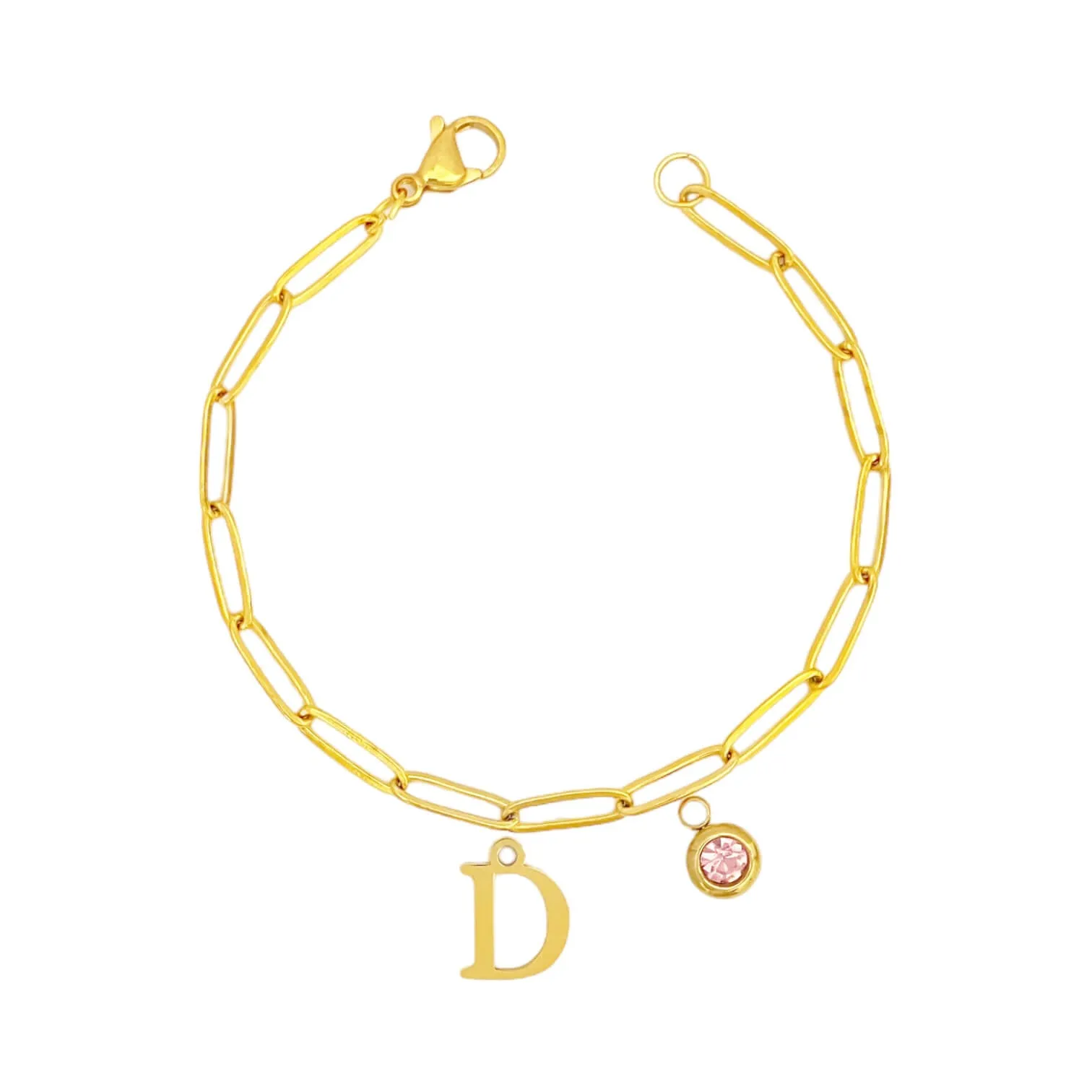 Alphabet Birthstone Paperclip Bracelet Gold (A-G)