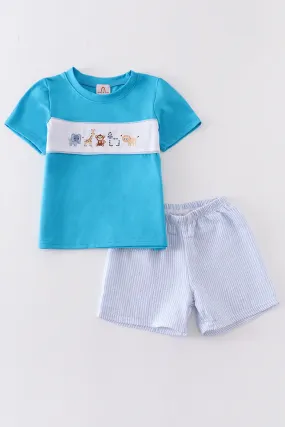 Blue seersucker animal embroidery boy set