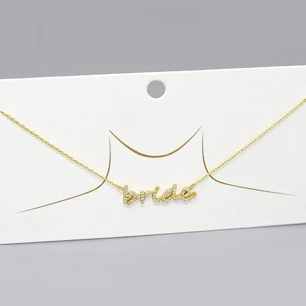 BRIDE CZ Pave Script Pendant Gold Dipped Short Necklace