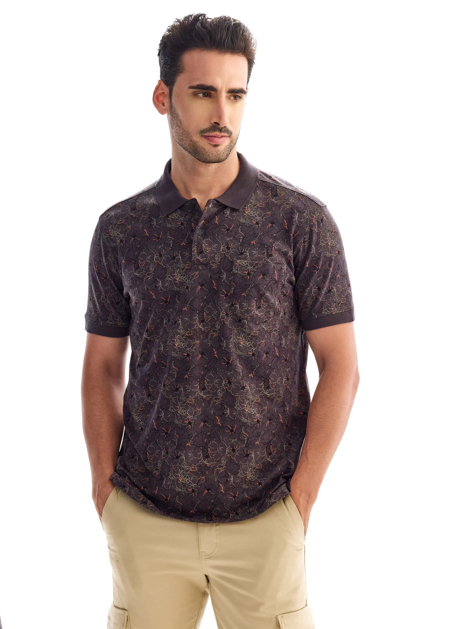 Brown Printed Polo T-Shirt