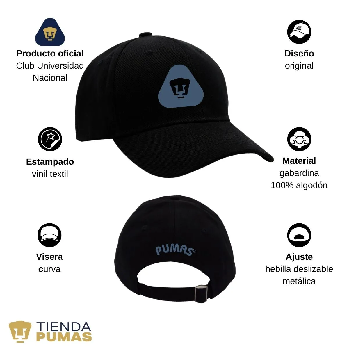 Gorra Pumas UNAM Hombre Mujer Ajustable Emblema Azul 5 Vinil