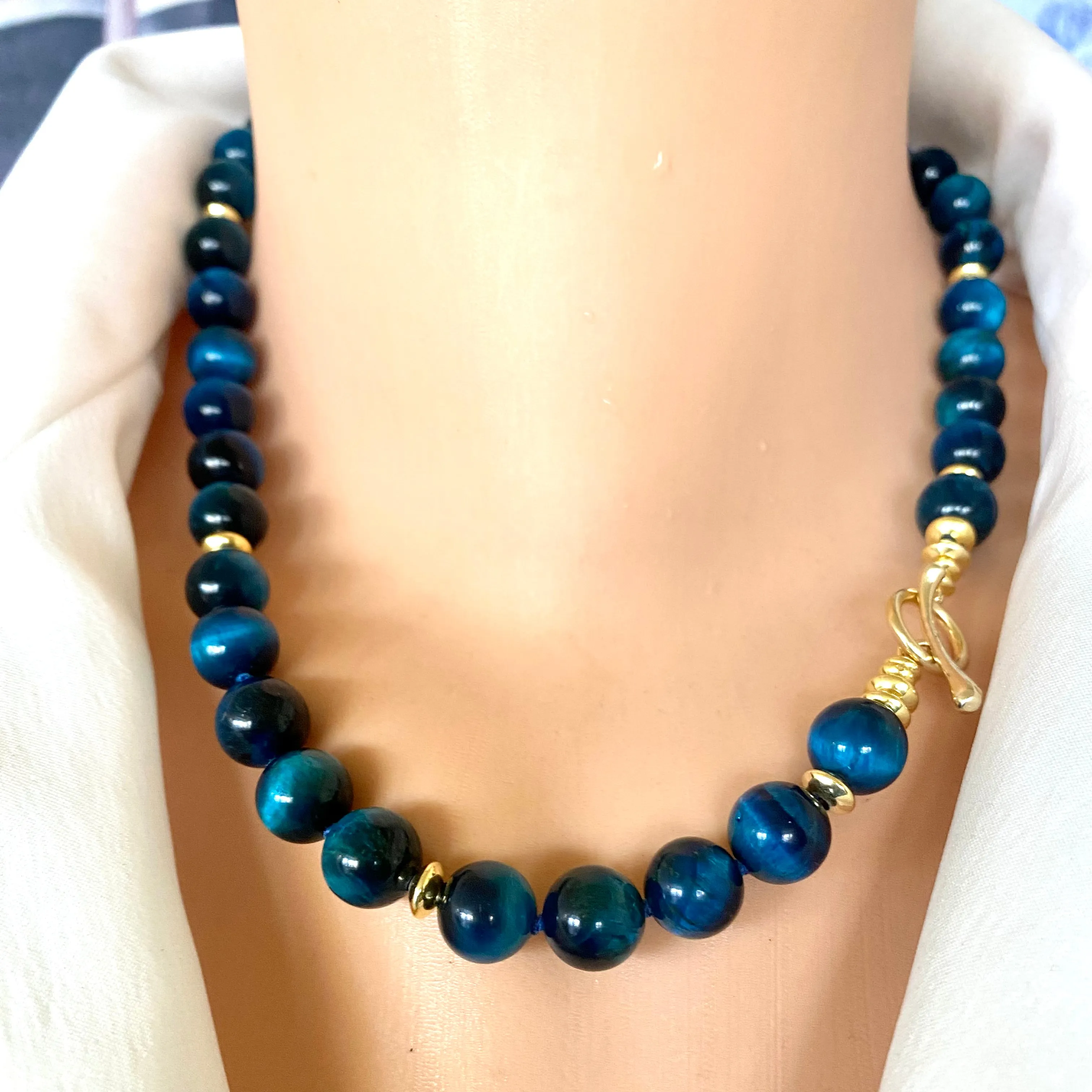 Hand Knotted Blue Black Tiger's Eye Candy Necklace w Gold Vermeil, 18.5inches