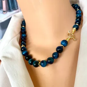 Hand Knotted Blue Black Tiger's Eye Candy Necklace w Gold Vermeil, 18.5inches