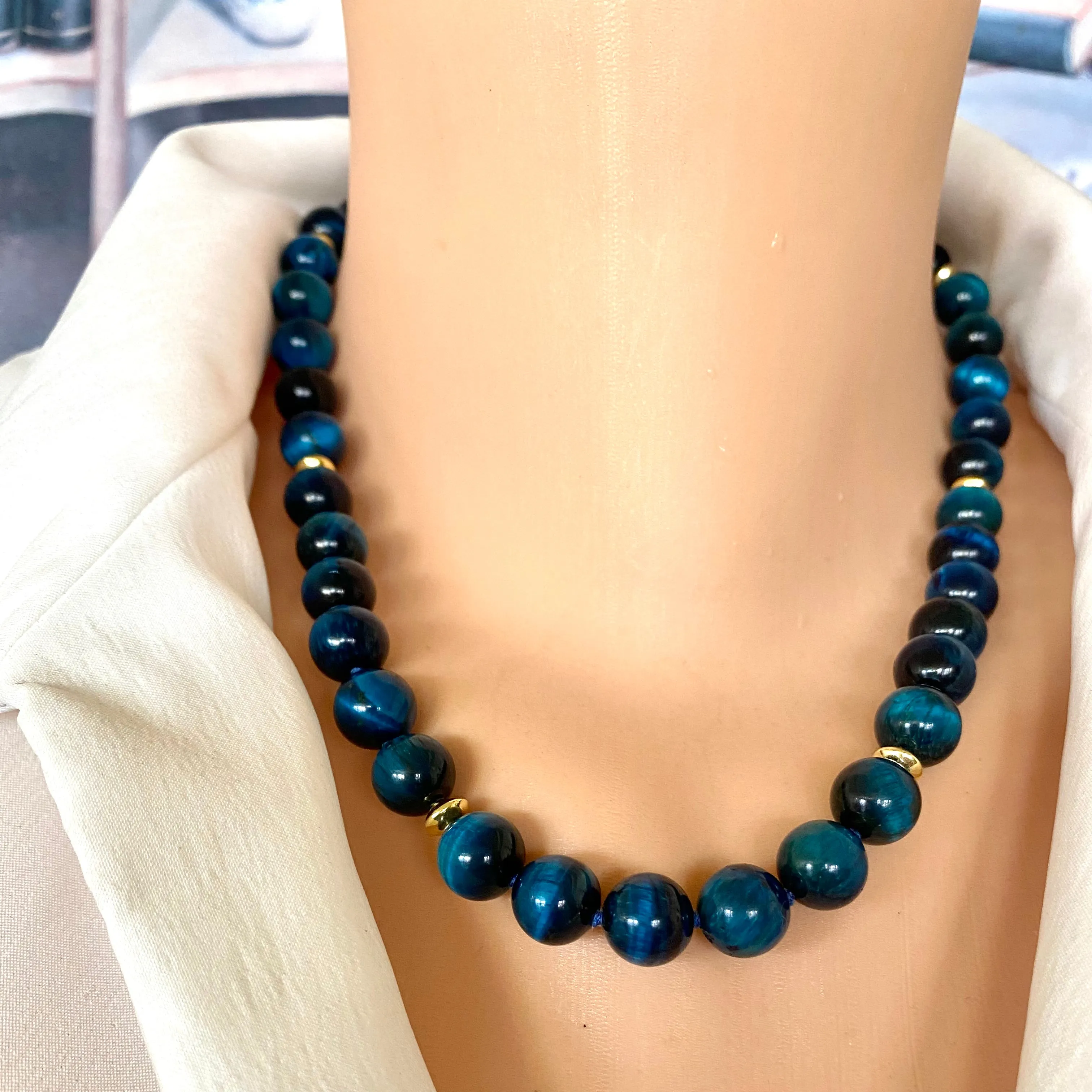 Hand Knotted Blue Black Tiger's Eye Candy Necklace w Gold Vermeil, 18.5inches