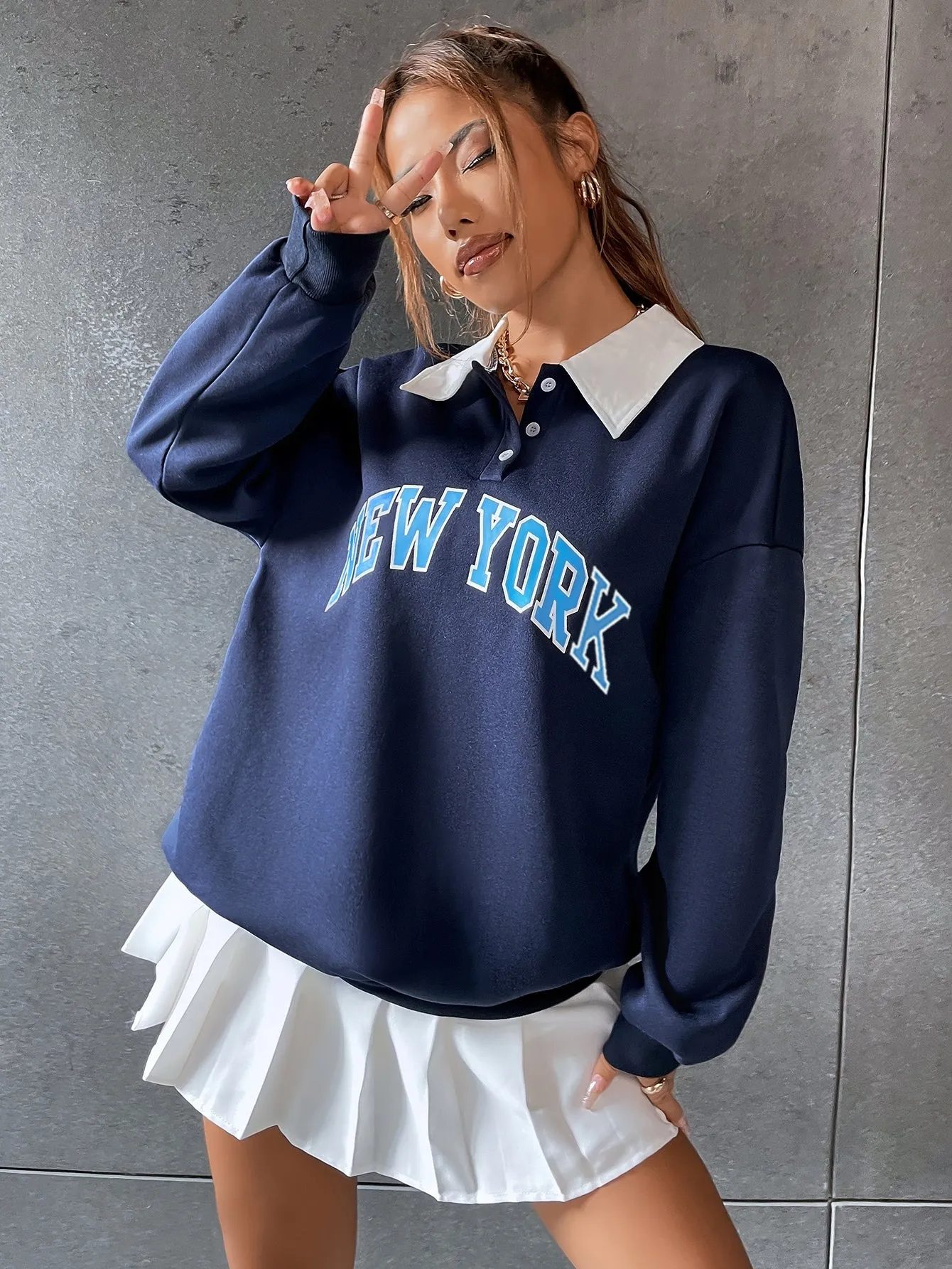 Polo Collar Drop Shoulder Letter Graphic Pullover