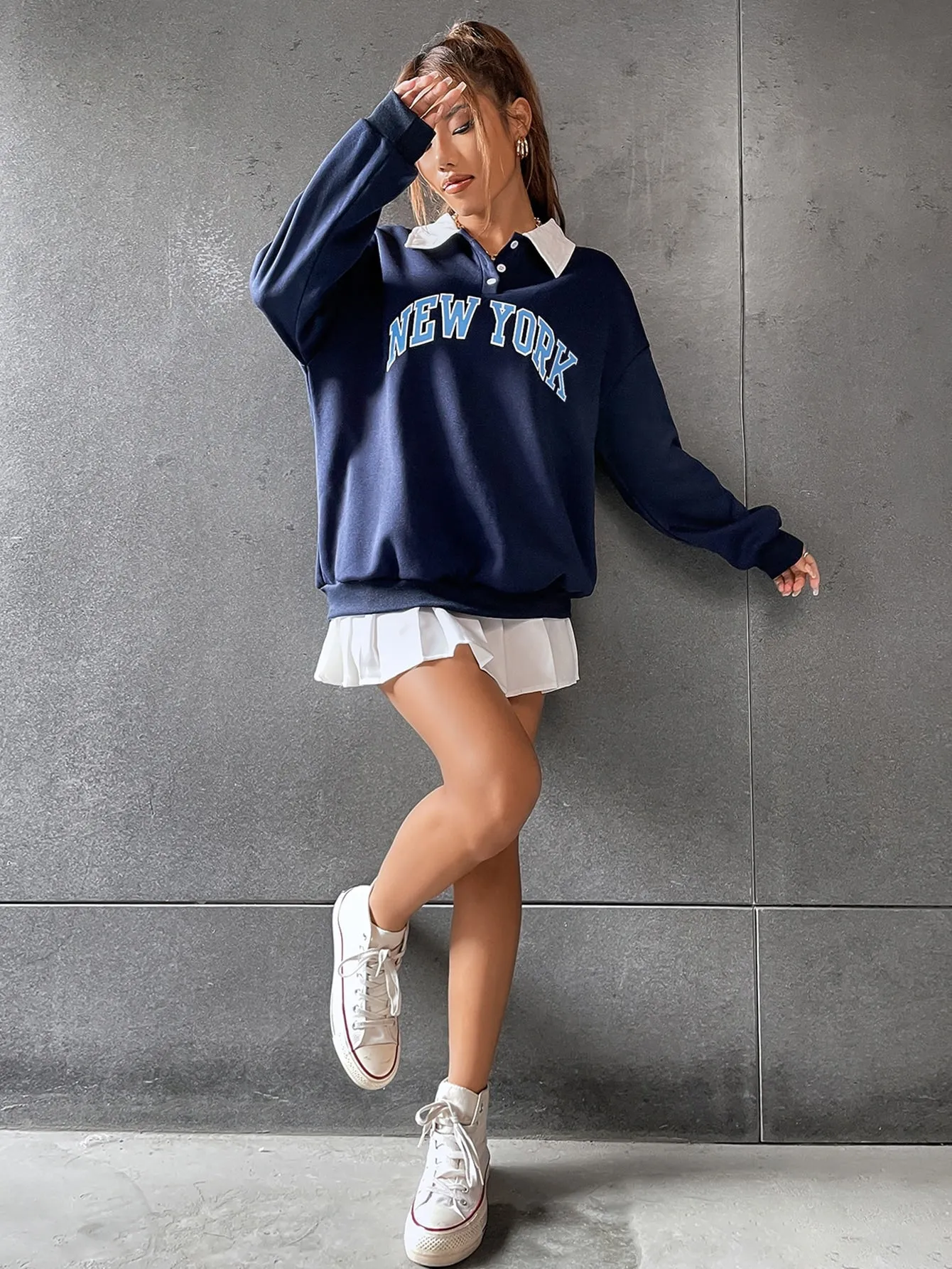 Polo Collar Drop Shoulder Letter Graphic Pullover