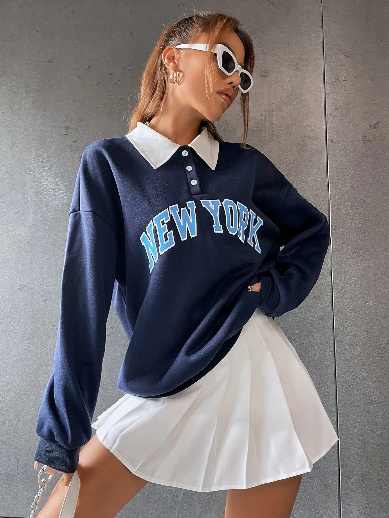 Polo Collar Drop Shoulder Letter Graphic Pullover