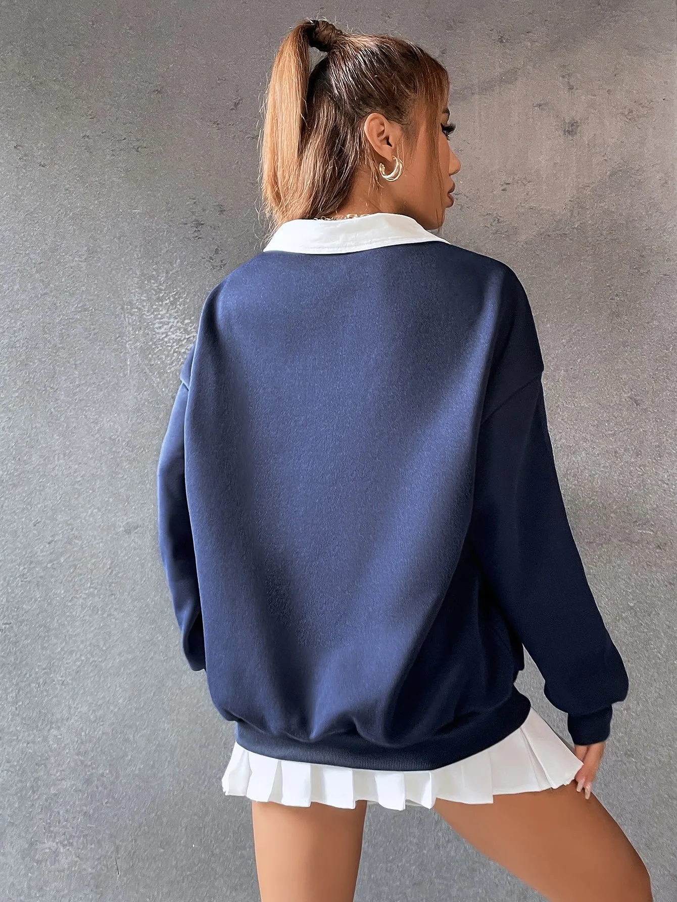 Polo Collar Drop Shoulder Letter Graphic Pullover