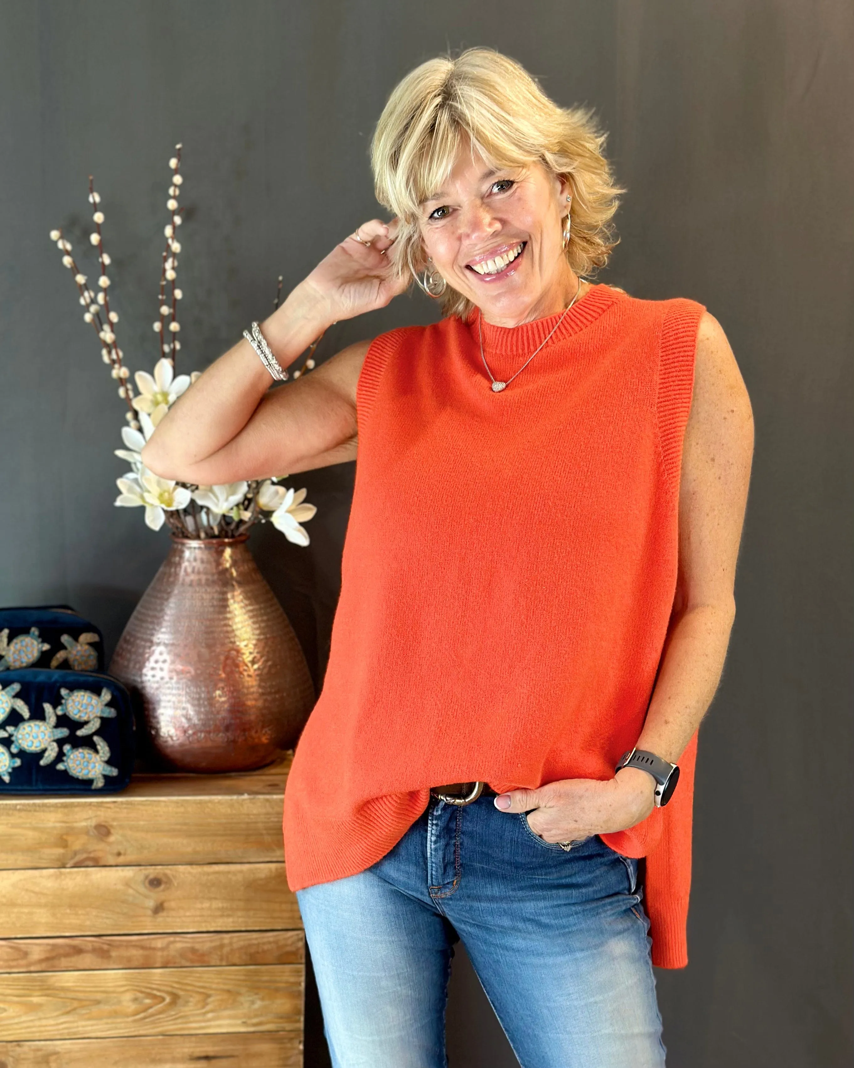 Round Neck Sleeveless Jumper - Dark Orange