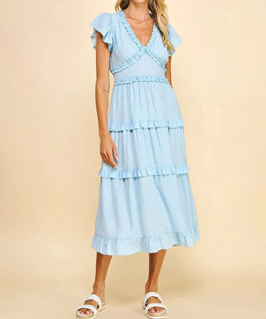 Ruffled Midi Dress - Pastel Blue