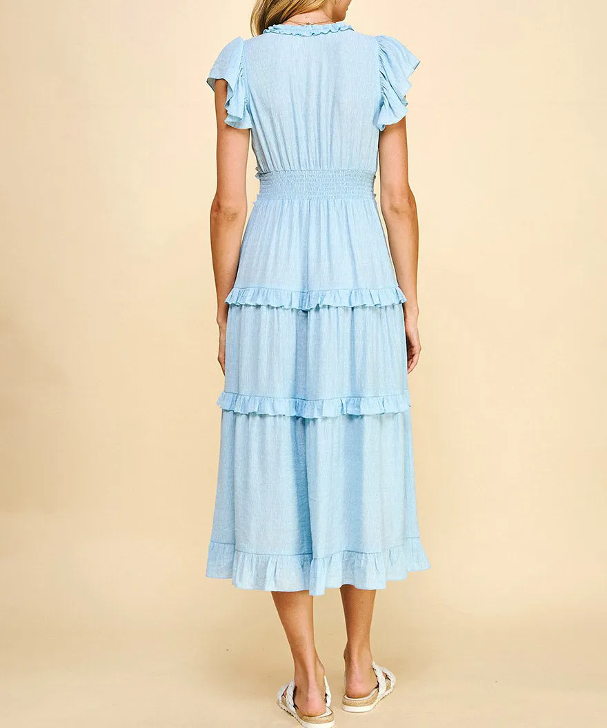 Ruffled Midi Dress - Pastel Blue