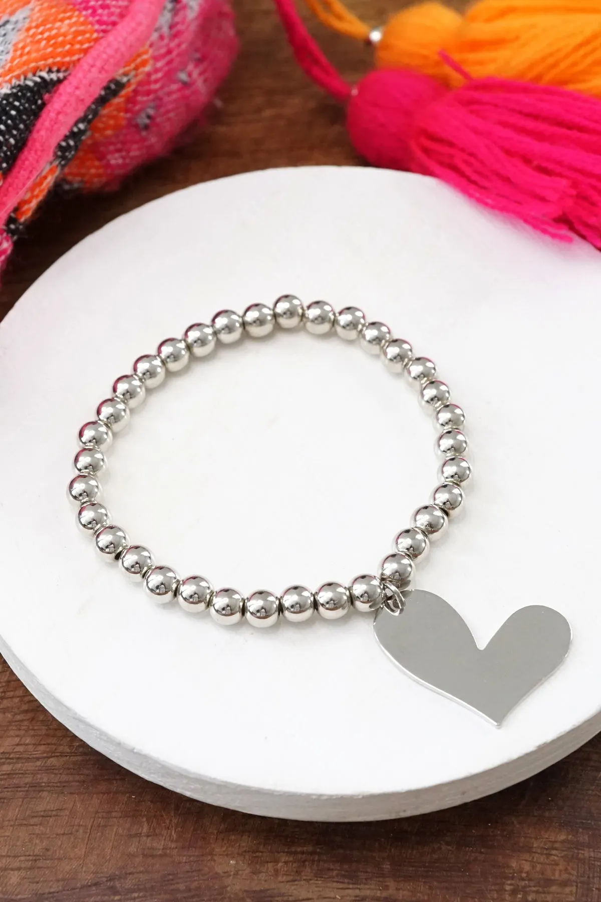 Silver tone beads bracelet with a big Heart charm