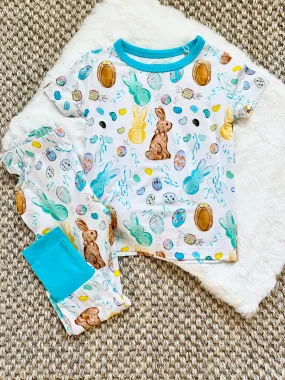 Sweet Bay Clothing - Easter Candy White/Blue Two Piece Pajama Pants Set