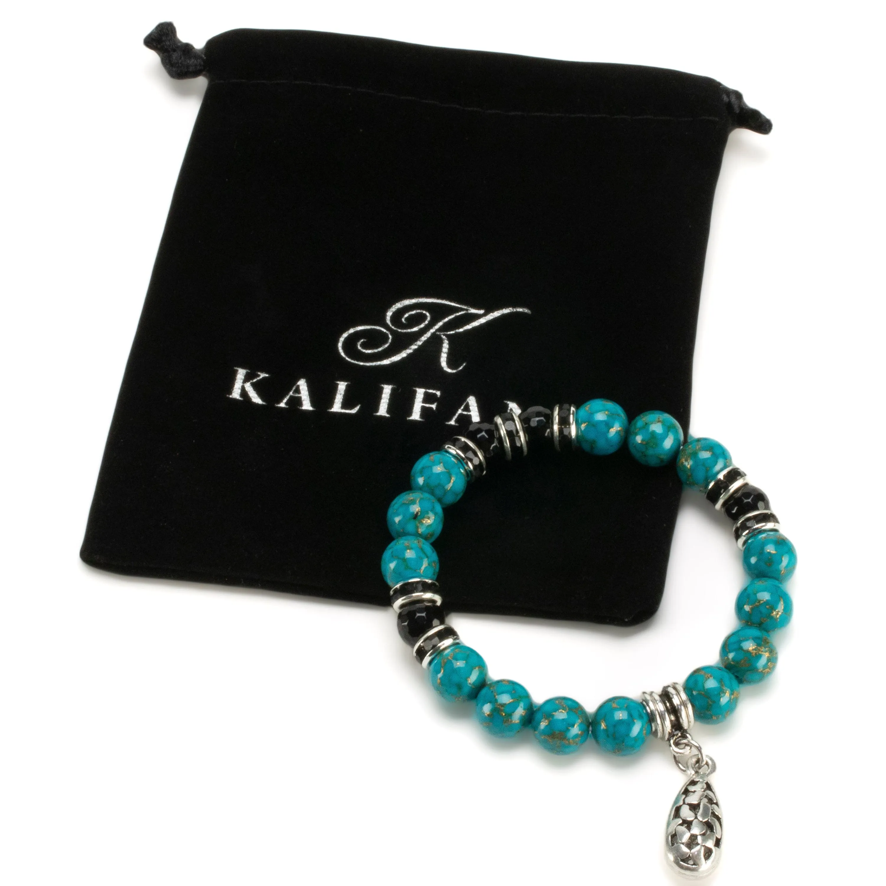 Turquoise 10mm Gemstone Elastic Bead Bracelet with Charm & Black Agate Accent Beads