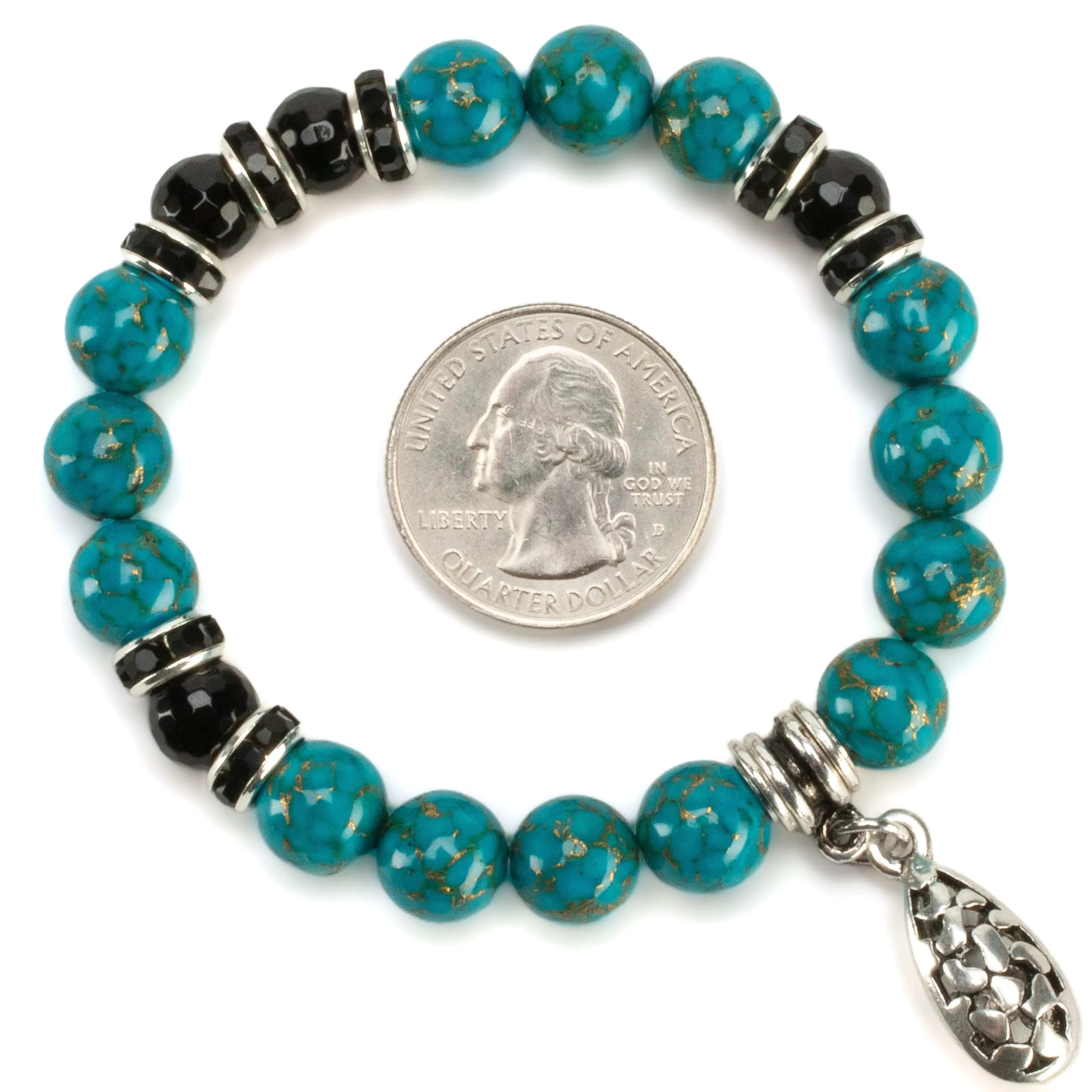 Turquoise 10mm Gemstone Elastic Bead Bracelet with Charm & Black Agate Accent Beads