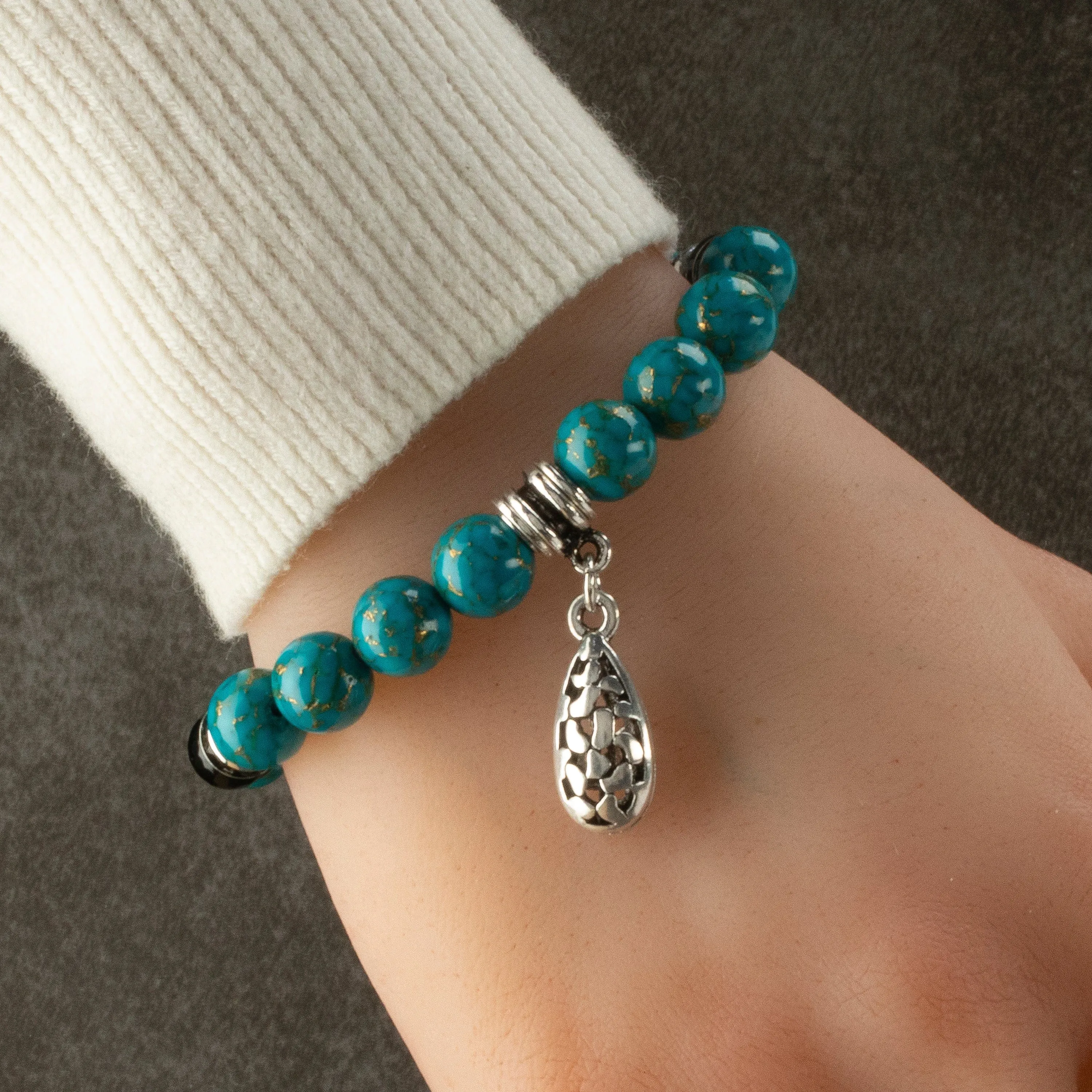 Turquoise 10mm Gemstone Elastic Bead Bracelet with Charm & Black Agate Accent Beads