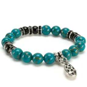 Turquoise 10mm Gemstone Elastic Bead Bracelet with Charm & Black Agate Accent Beads