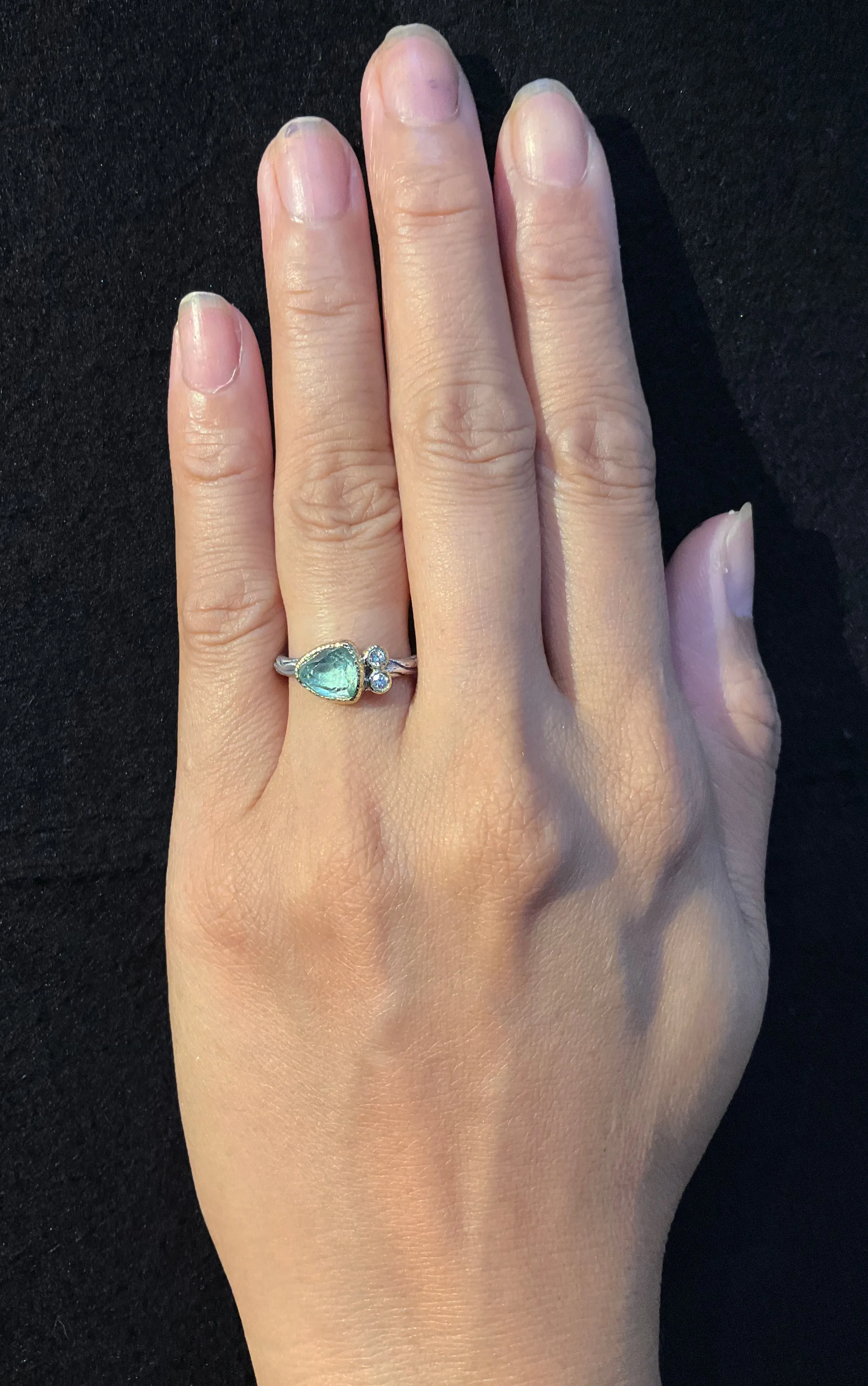 Wood Grain Green Tourmaline Ring with diamonds